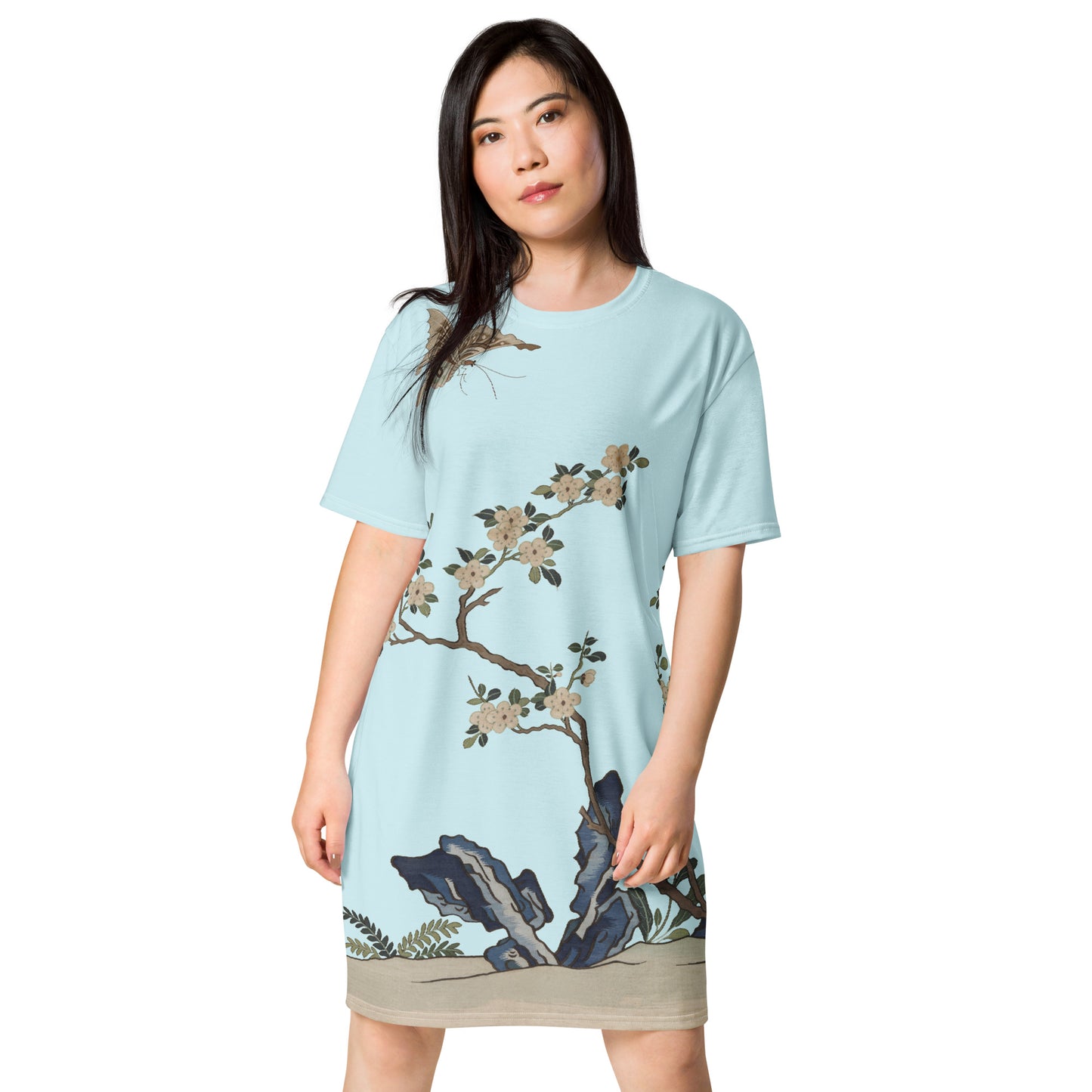 Kesi Flower Album|White Plum Blossoms and Butterfly|T-shirt dress|Aqua blue