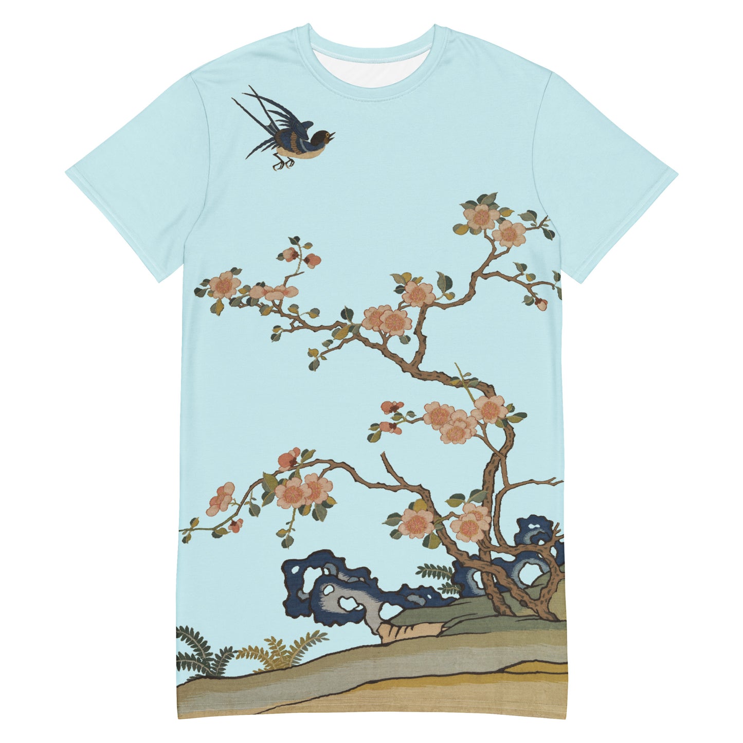 Kesi Flower Album|Swallow in Flight, Harbinger of Spring|T-shirt dress|Aqua blue