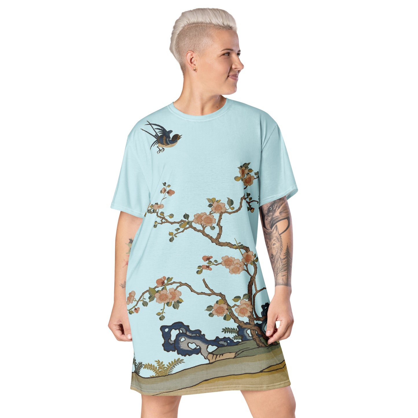 Kesi Flower Album|Swallow in Flight, Harbinger of Spring|T-shirt dress|Aqua blue
