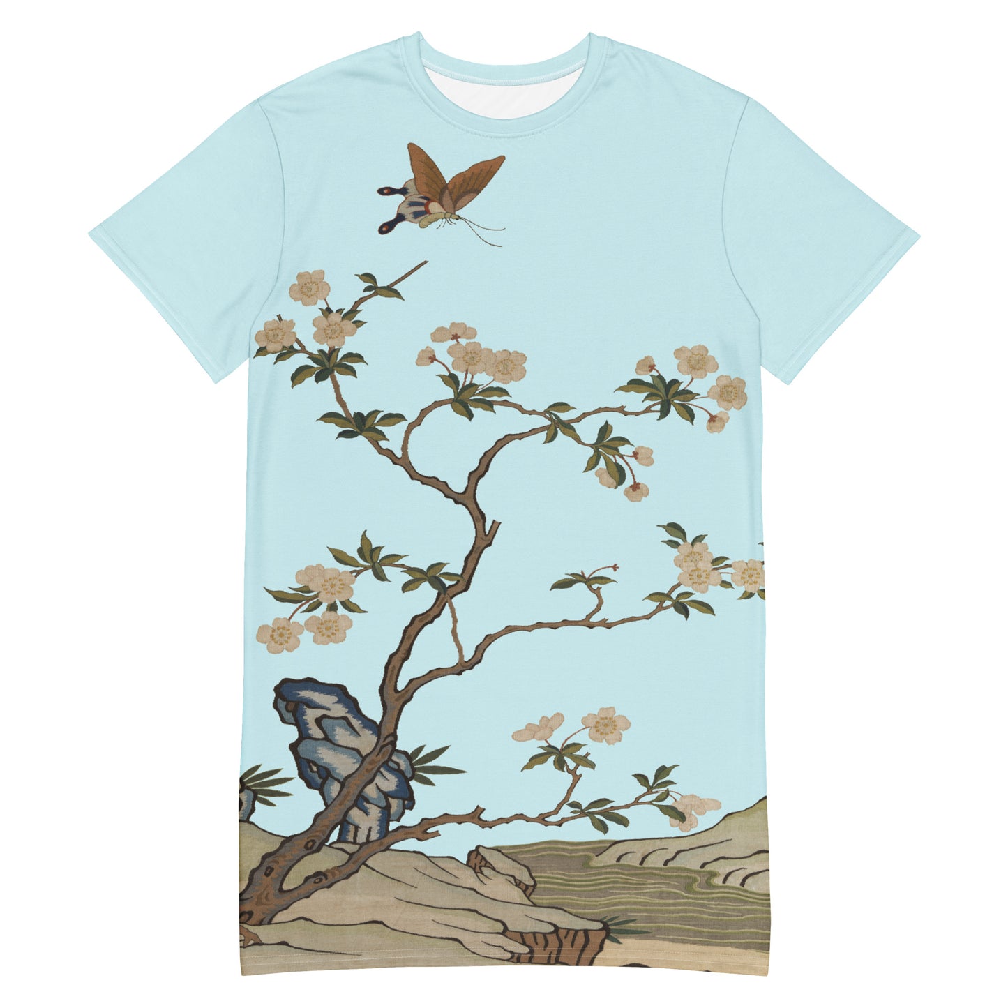 Kesi Flower Album|Plum Blossoms and Butterfly|T-shirt dress|Aqua blue