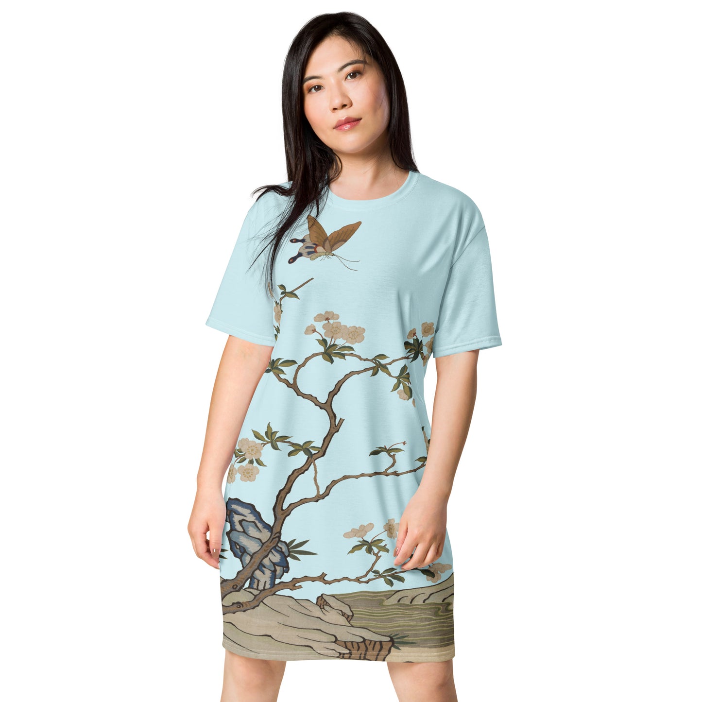 Kesi Flower Album|Plum Blossoms and Butterfly|T-shirt dress|Aqua blue