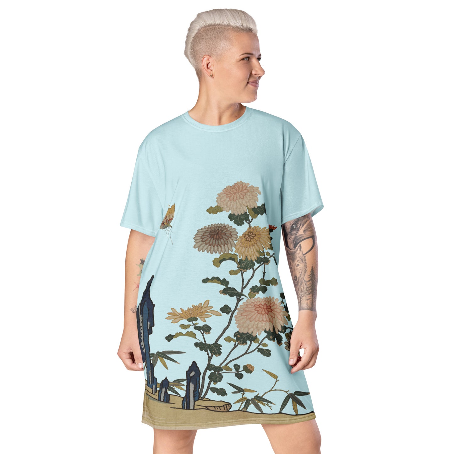 Kesi Flower Album|Chrysanthemums and Butterflies|T-shirt dress|Aqua blue