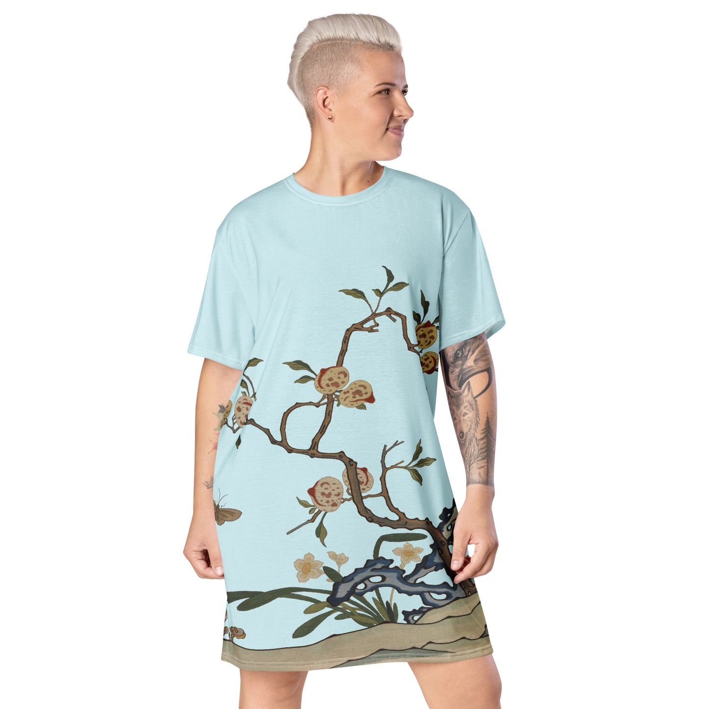 Kesi Flower Album|Narcissus and Peaches|T-shirt dress|Aqua blue