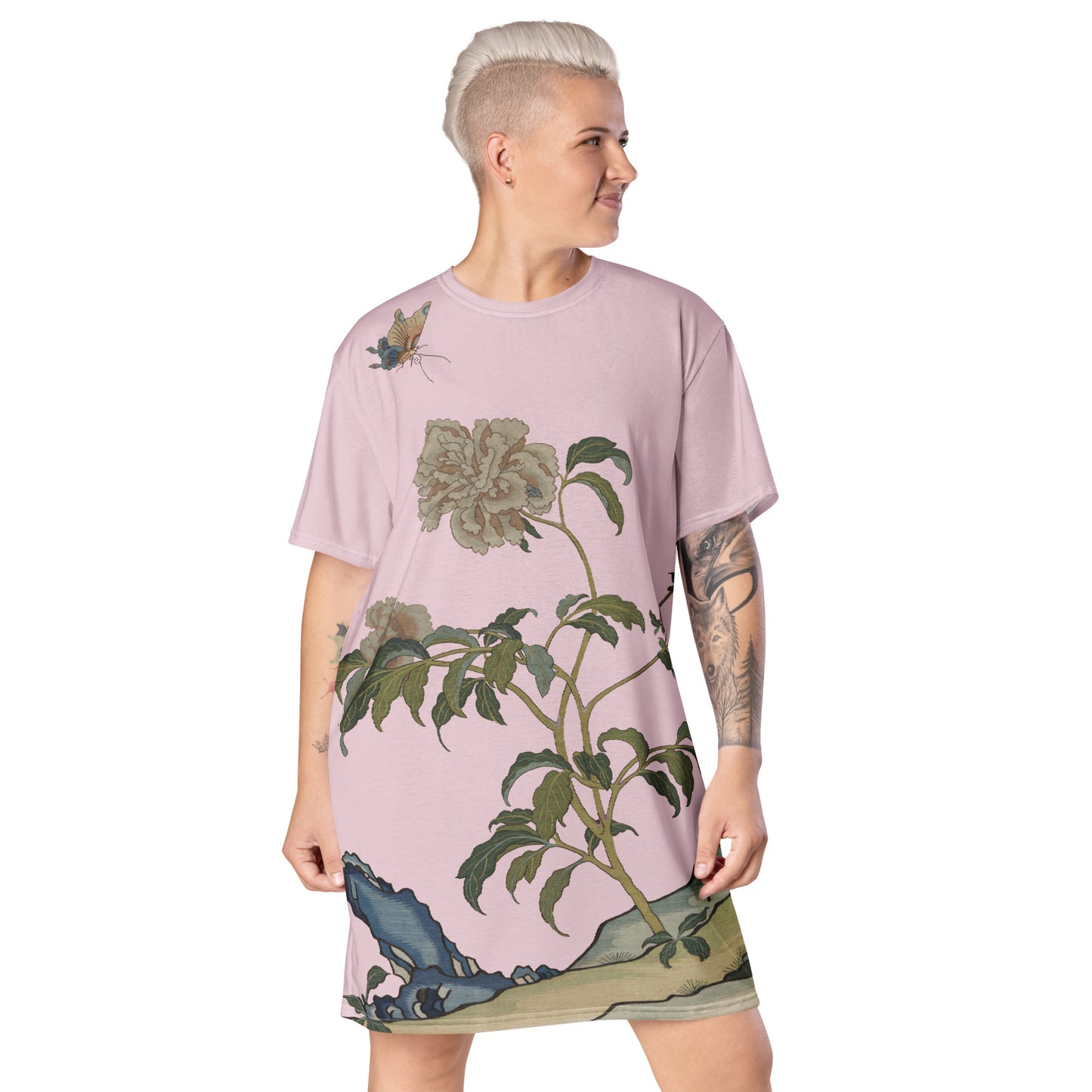 Kesi Flower Album|Peonies and Butterfly|T-shirt dress|Pale pinkish gray