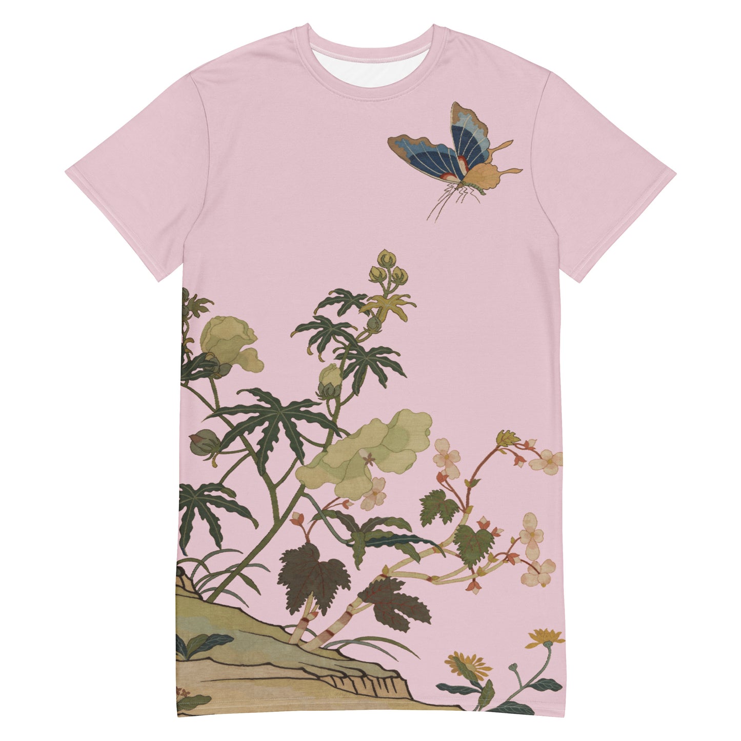 Kesi Flower Album|Hibiscus and Begonia Blossoms|T-shirt dress|Pale pinkish gray