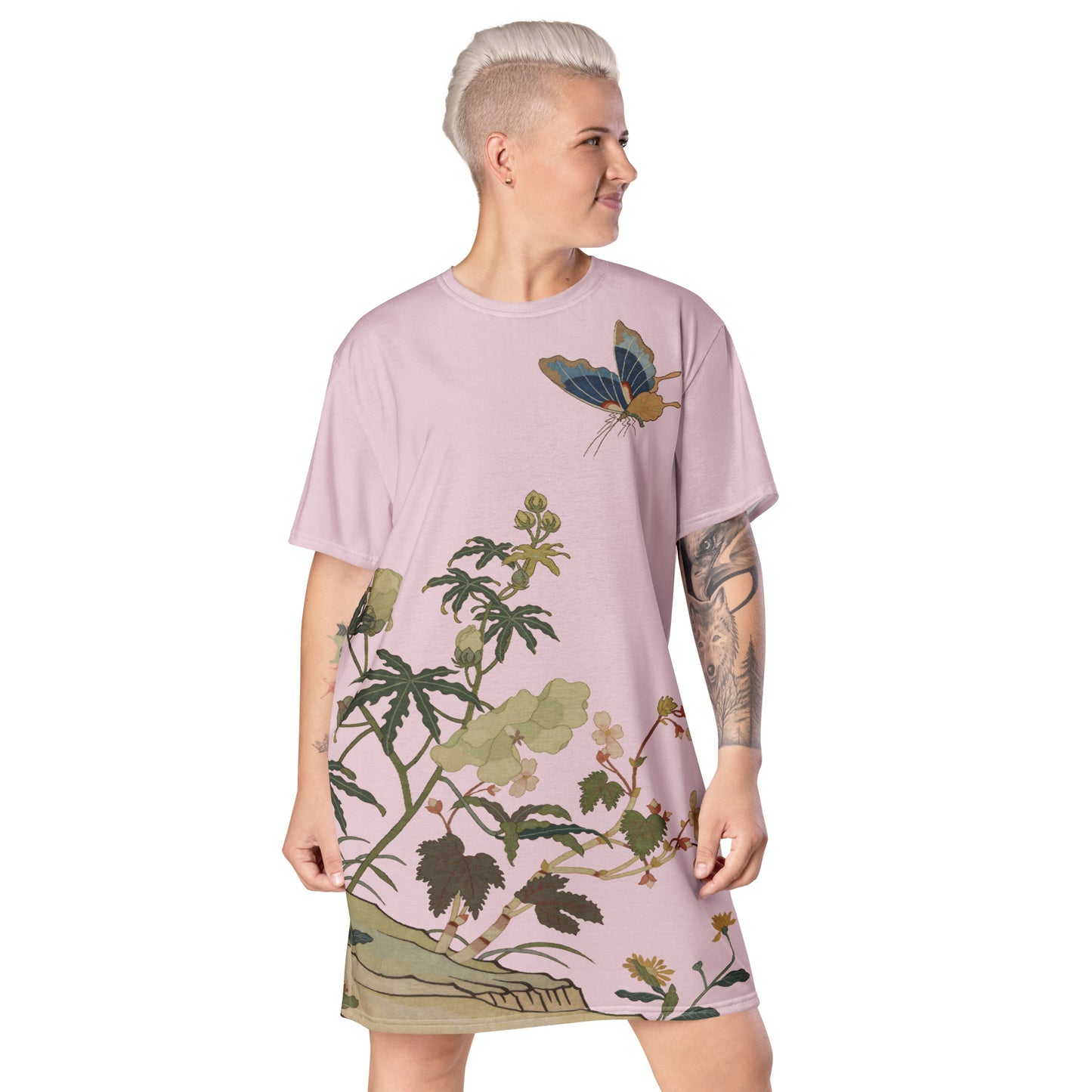 Kesi Flower Album|Hibiscus and Begonia Blossoms|T-shirt dress|Pale pinkish gray
