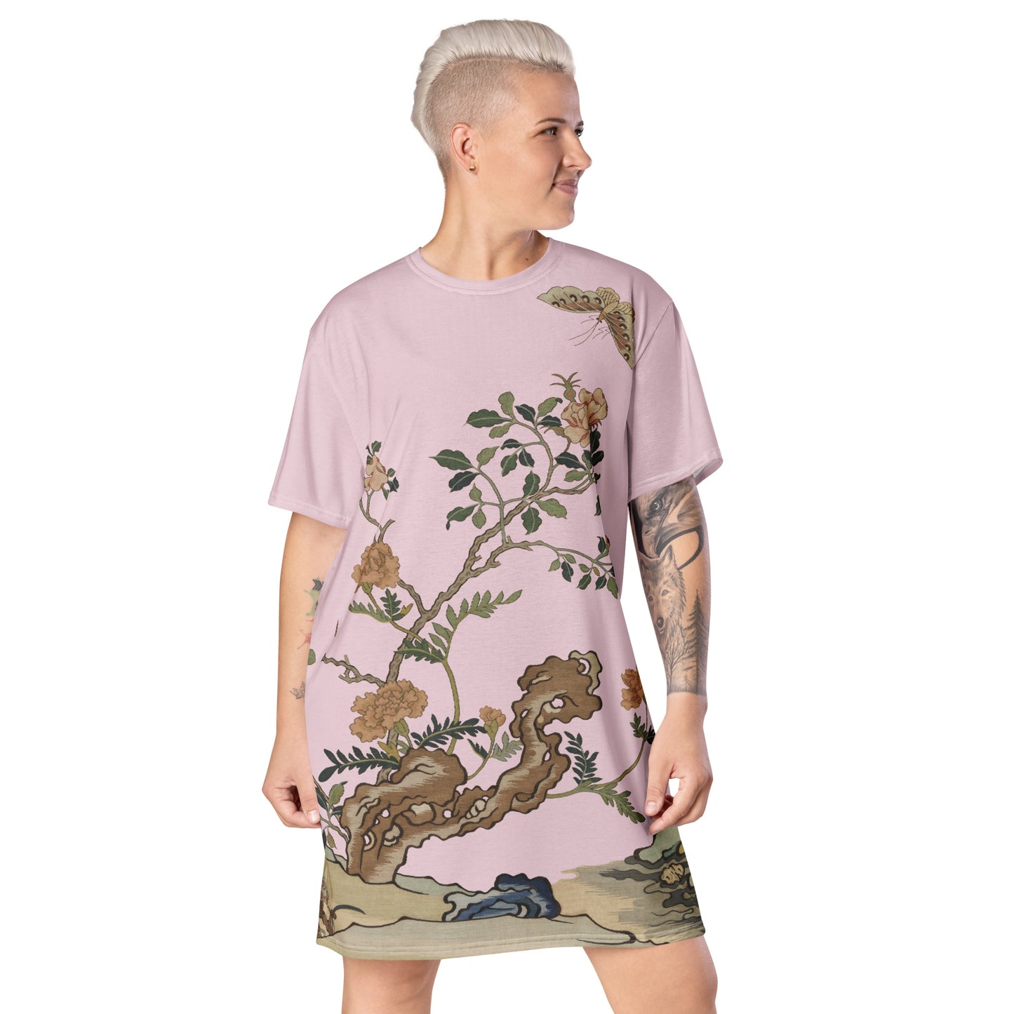 Kesi Flower Album|Camellia and Butterfly|T-shirt dress|Pale pinkish gray