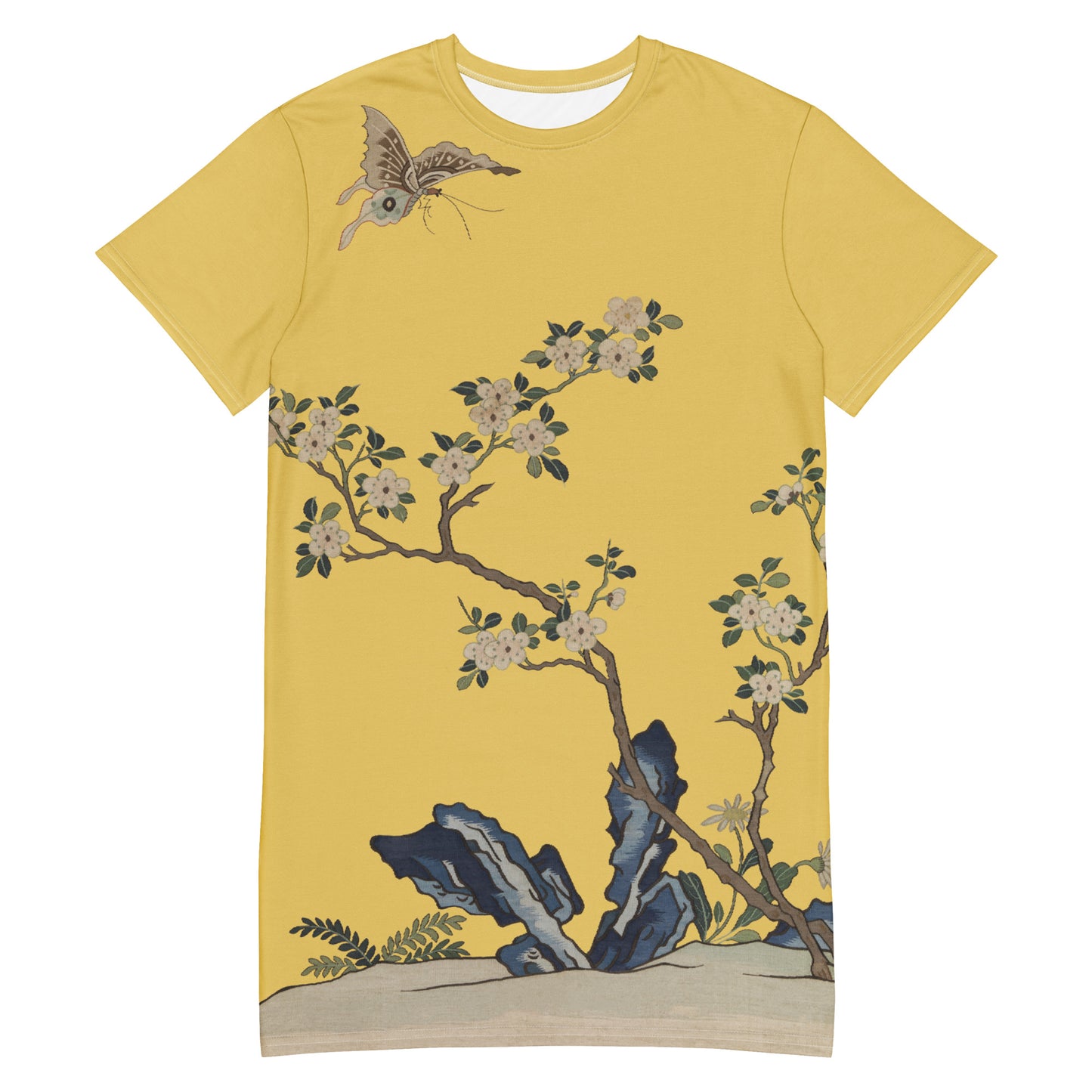 Kesi Flower Album|White Plum Blossoms and Butterfly|T-shirt dress|Gold