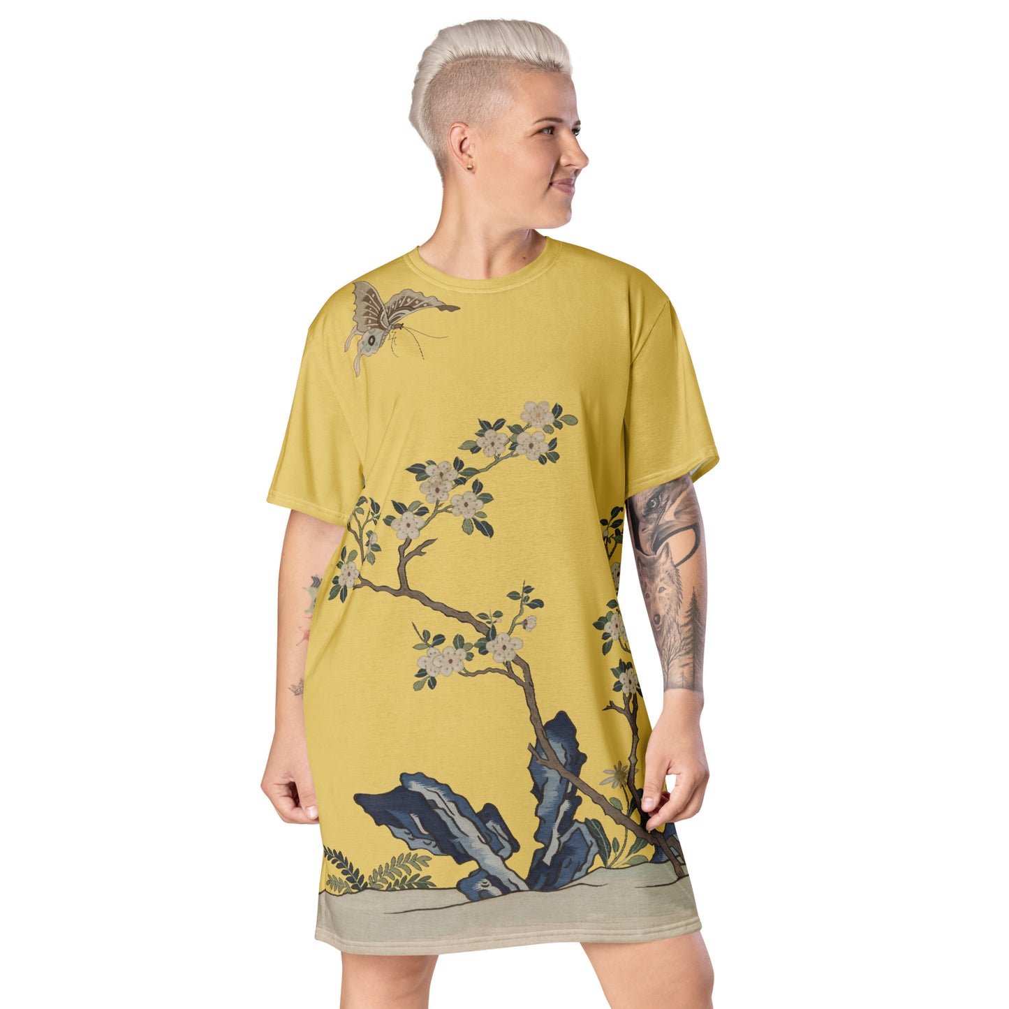 Kesi Flower Album|White Plum Blossoms and Butterfly|T-shirt dress|Gold