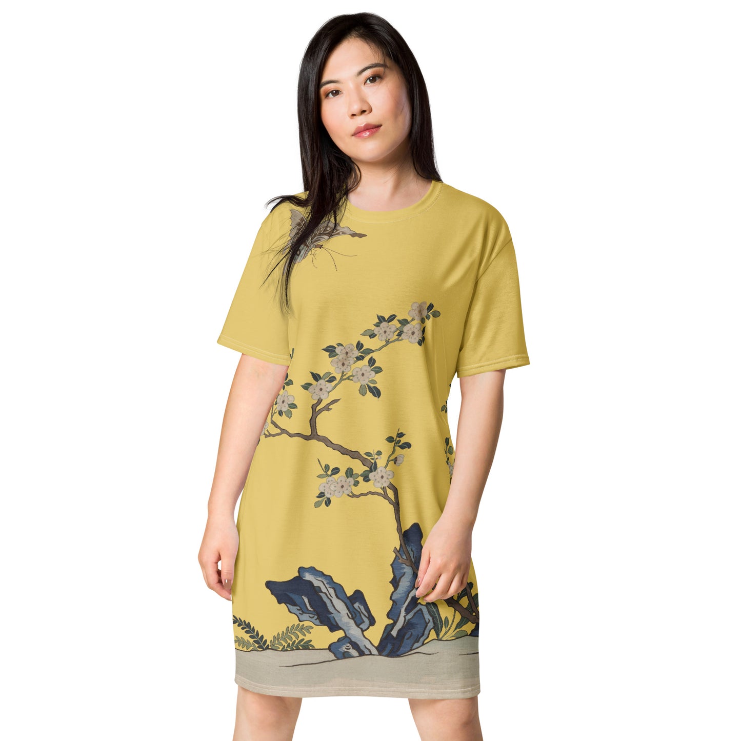 Kesi Flower Album|White Plum Blossoms and Butterfly|T-shirt dress|Gold