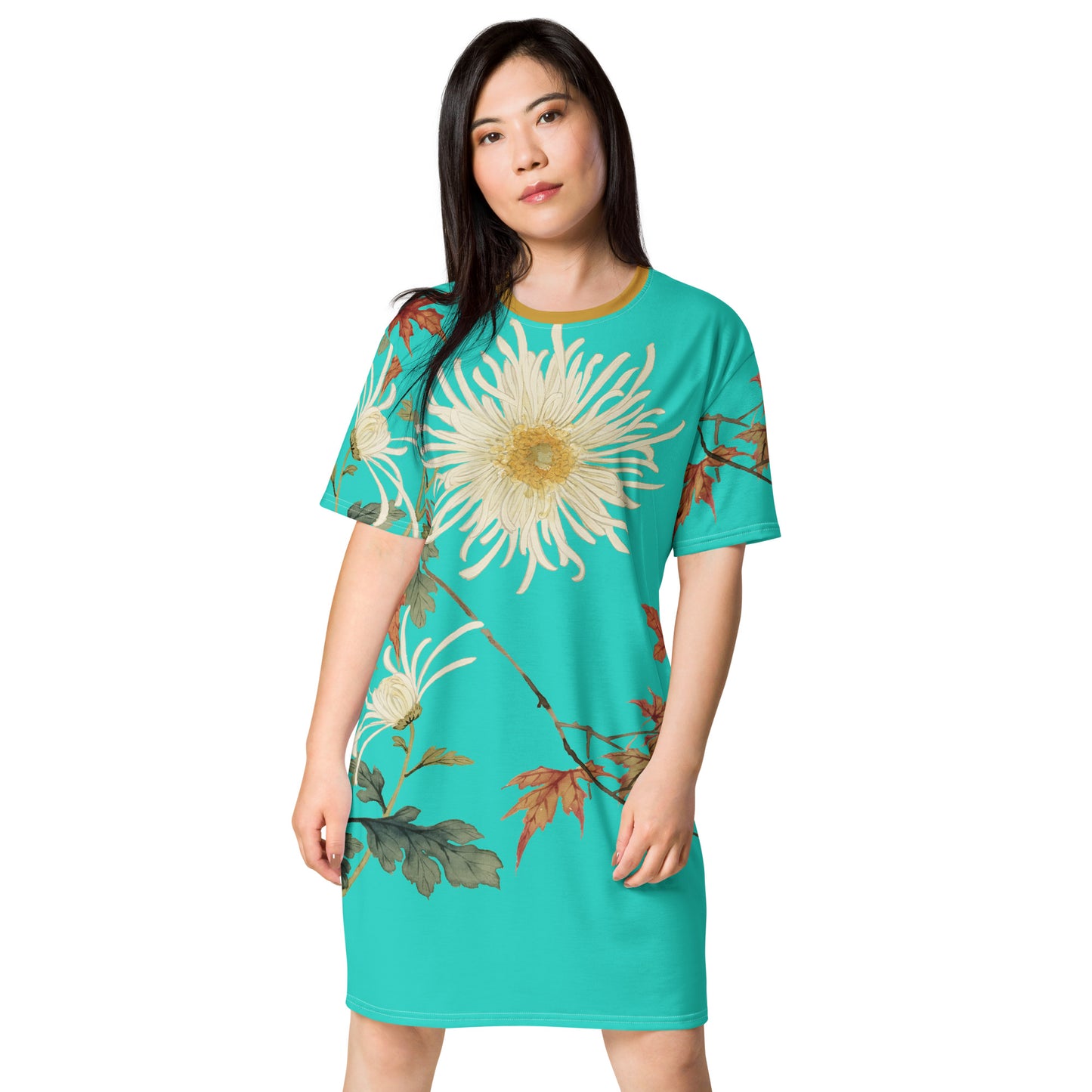 The Spirit of Flowers in Twelve Months|Blooming Chrysanthemum and Maple Leaves|T-shirt dress|Turquoise