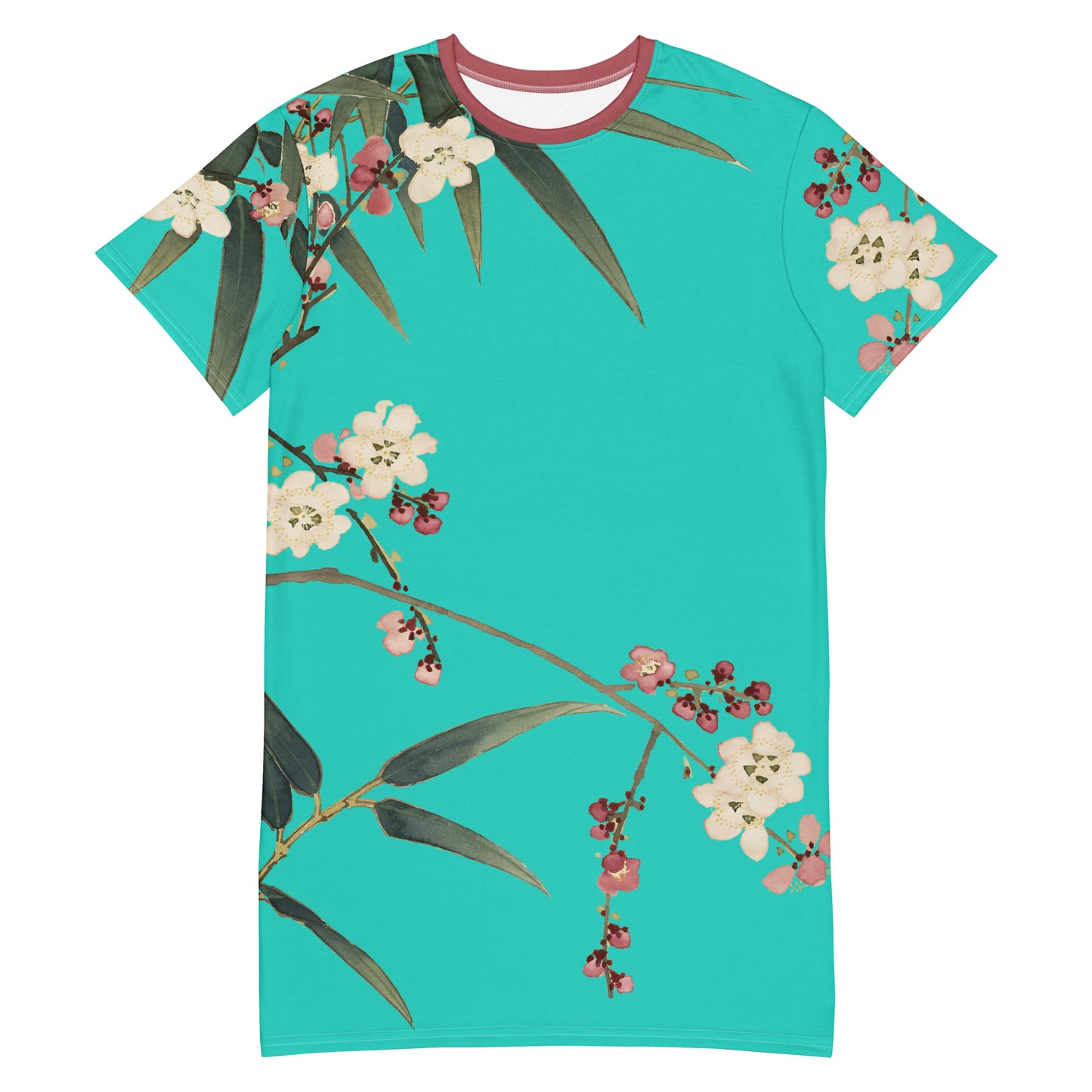 The Spirit of Flowers in Twelve Months|Crimson Plum Blossom and Lush Green Bamboo|T-shirt dress|Turquoise
