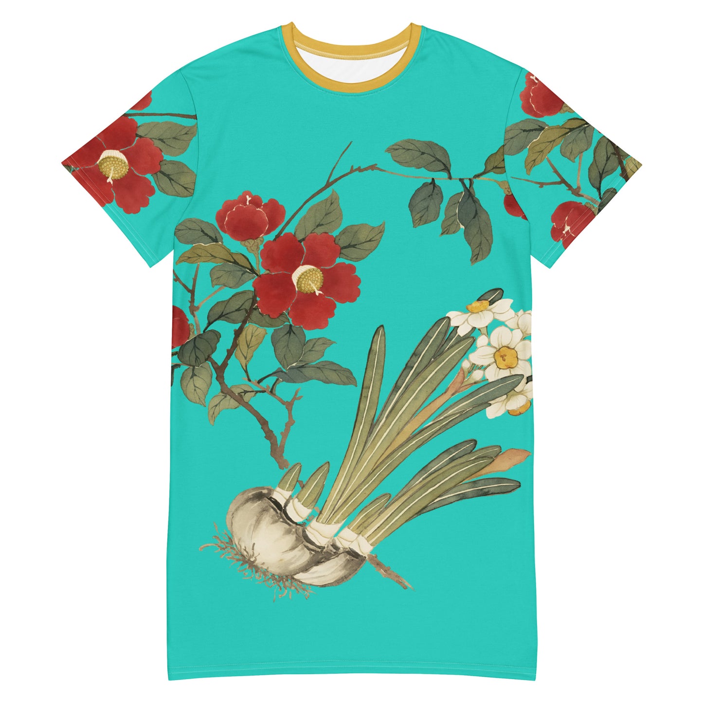 The Spirit of Flowers in Twelve Months|Narcissus and Camelia in Bloom|T-shirt dress|Turquoise