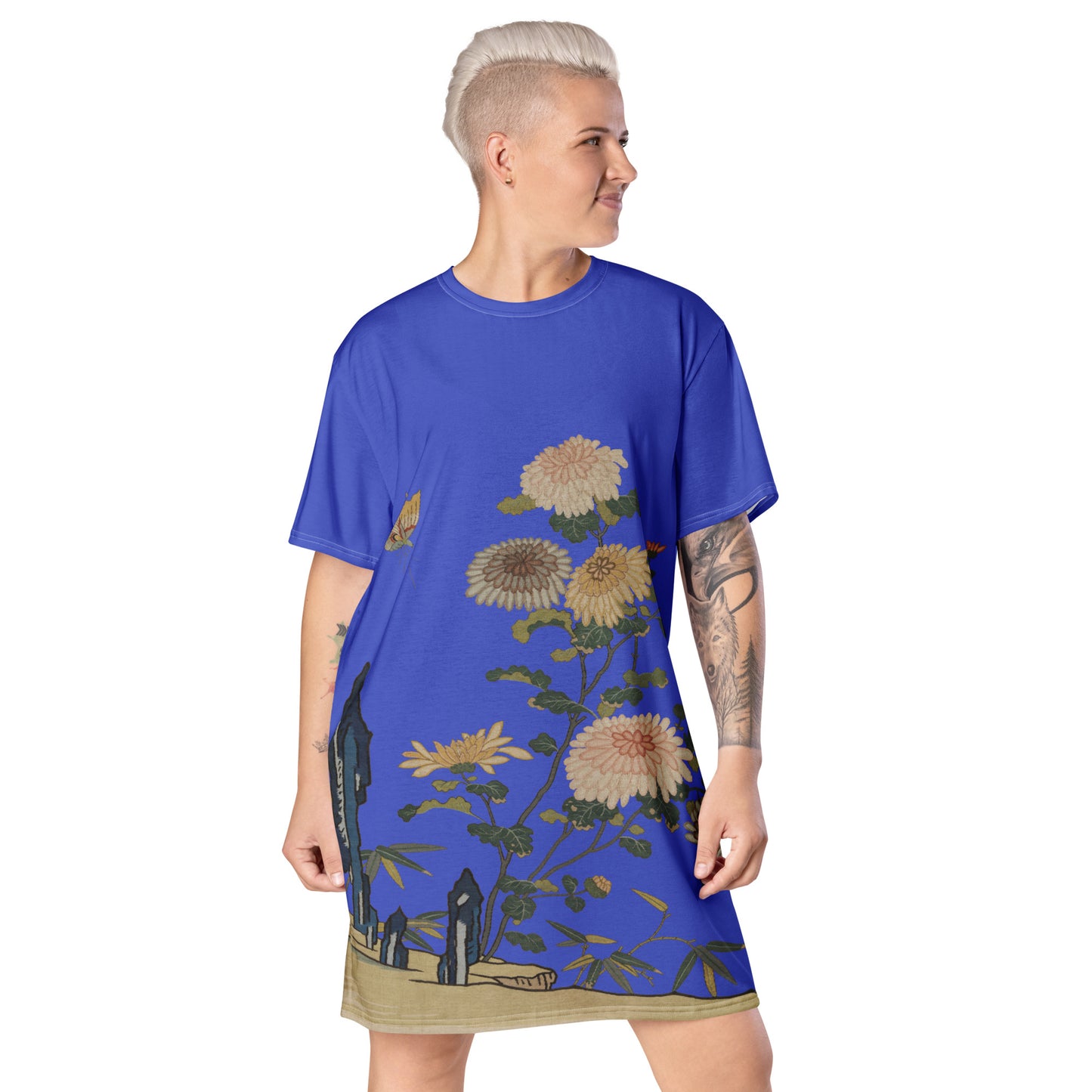 Kesi Flower Album|Chrysanthemums and Butterflies|T-shirt dress|Royal blue