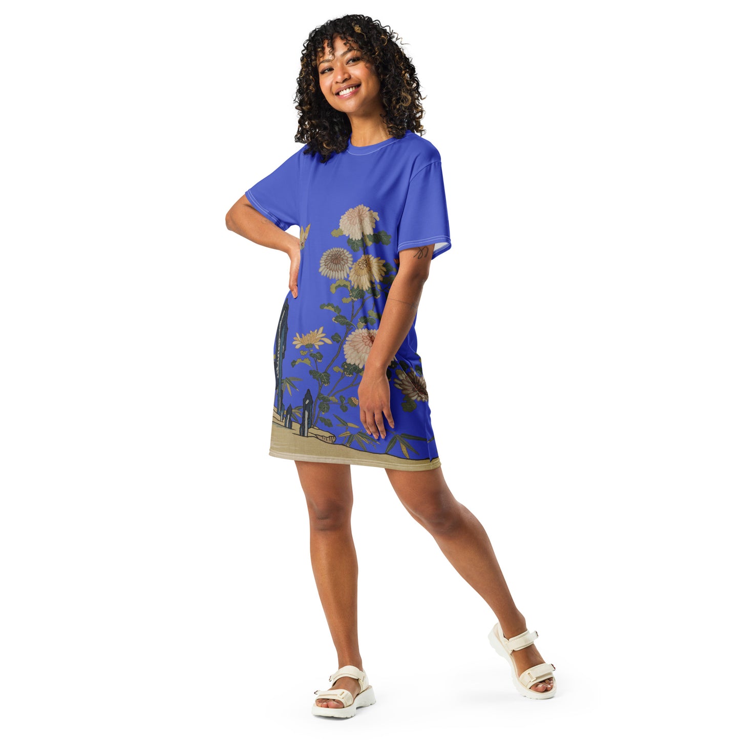 Kesi Flower Album|Chrysanthemums and Butterflies|T-shirt dress|Royal blue