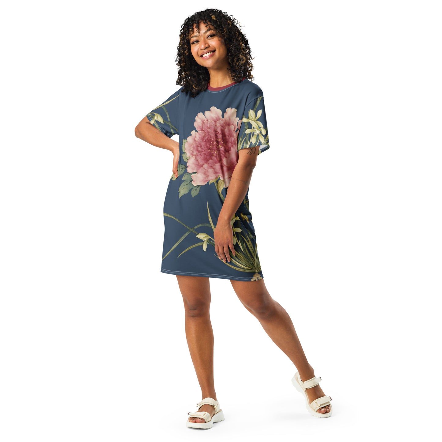 The Spirit of Flowers in Twelve Months|Orchid and Tree Peony in Bloom|T-shirt dress|Dark blue