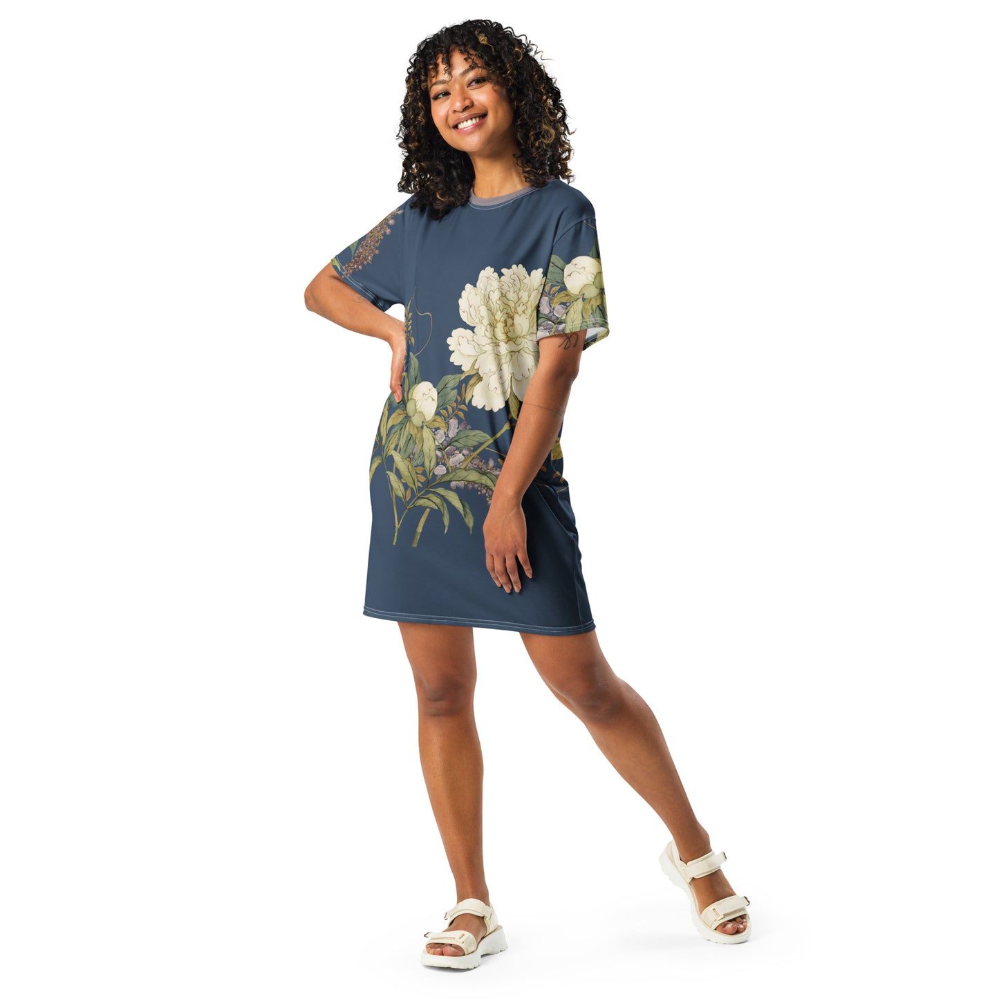 The Spirit of Flowers in Twelve Months|Chinese Peony and Wisteria in Bloom|T-shirt dress|Dark blue