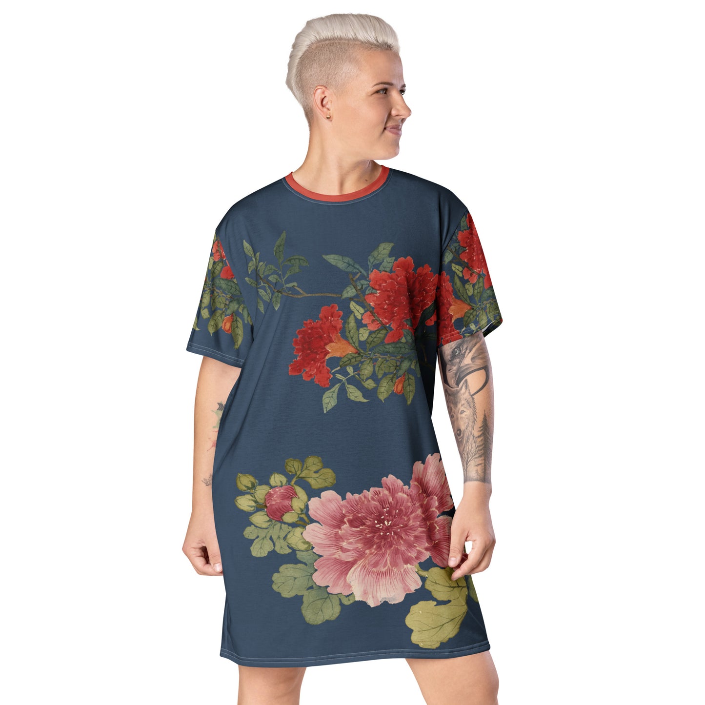 The Spirit of Flowers in Twelve Months|Hollyhock and Pomegranate in Bloom|T-shirt dress|Dark blue