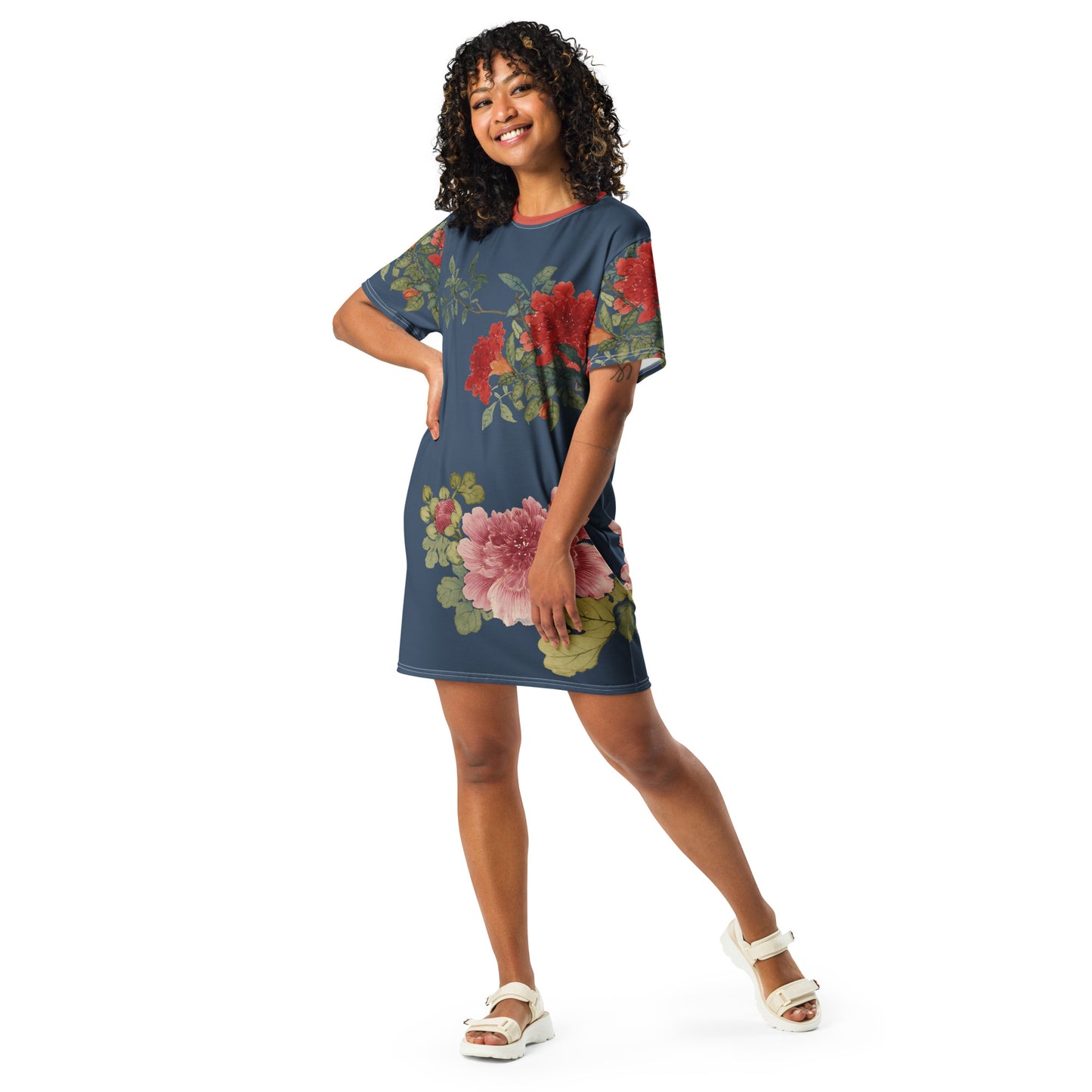 The Spirit of Flowers in Twelve Months|Hollyhock and Pomegranate in Bloom|T-shirt dress|Dark blue