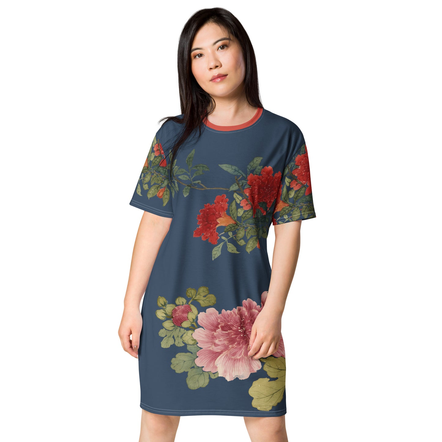 The Spirit of Flowers in Twelve Months|Hollyhock and Pomegranate in Bloom|T-shirt dress|Dark blue