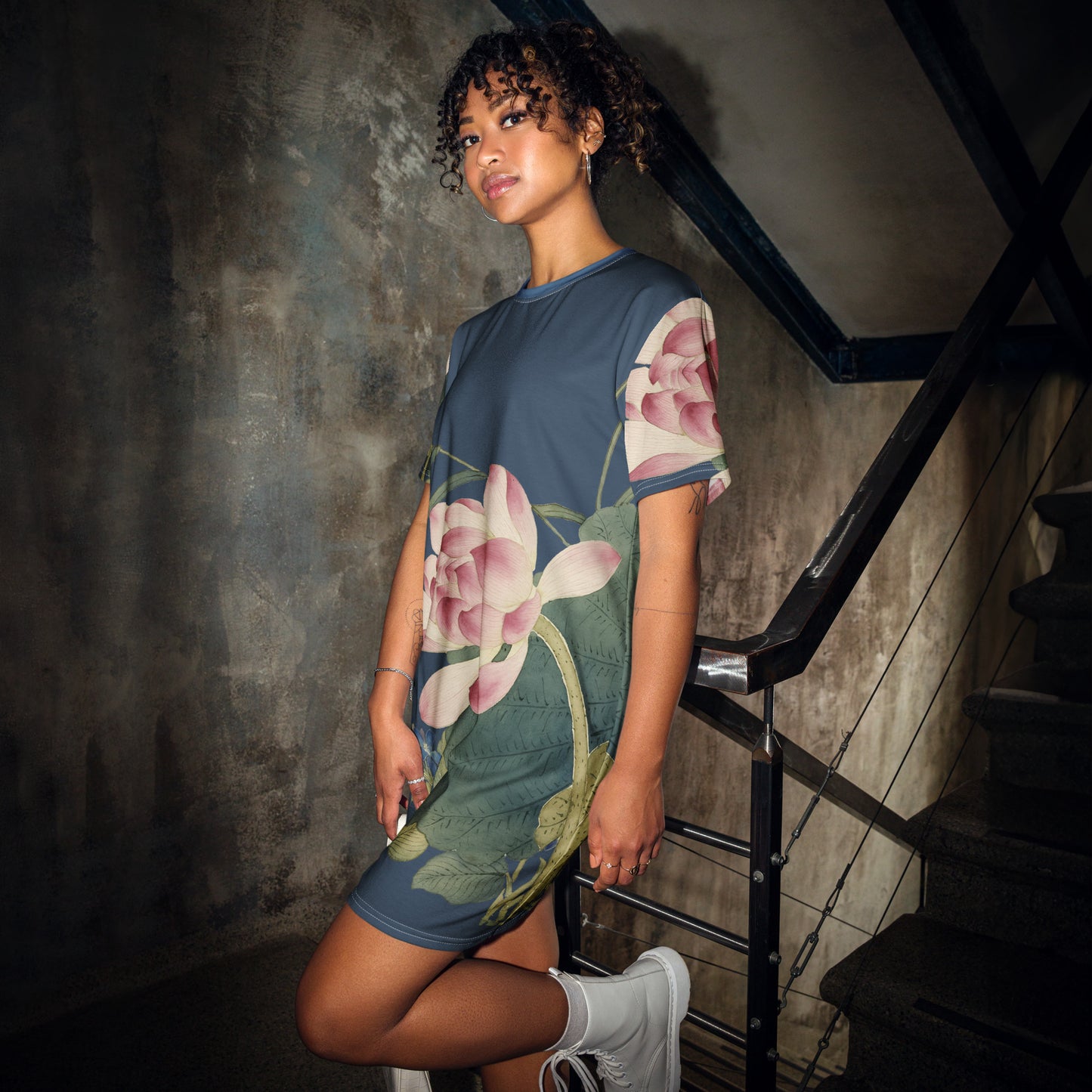 The Spirit of Flowers in Twelve Months|Lotus in Bloom|T-shirt dress|Dark blue