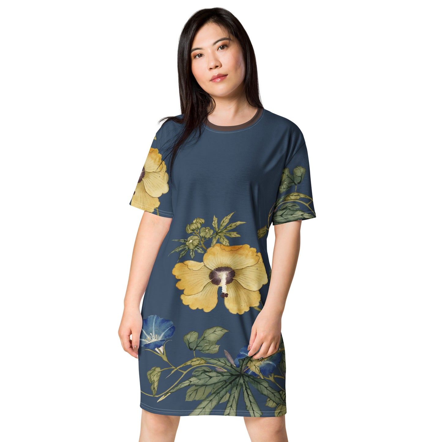 The Spirit of Flowers in Twelve Months|Okra and White-edged Morning Glory in Bloom|T-shirt dress|Dark blue