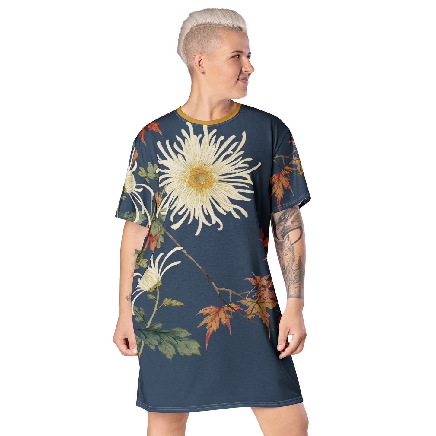 The Spirit of Flowers in Twelve Months|Blooming Chrysanthemum and Maple Leaves|T-shirt dress|Dark blue