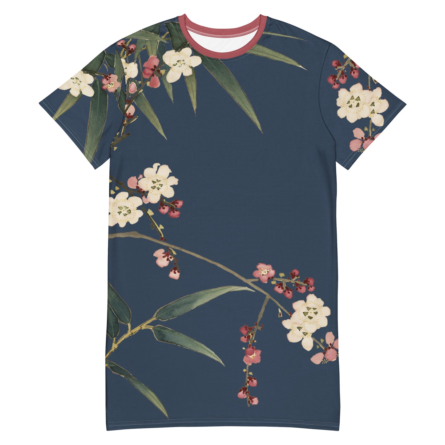 The Spirit of Flowers in Twelve Months|Crimson Plum Blossom and Lush Green Bamboo|T-shirt dress|Dark blue