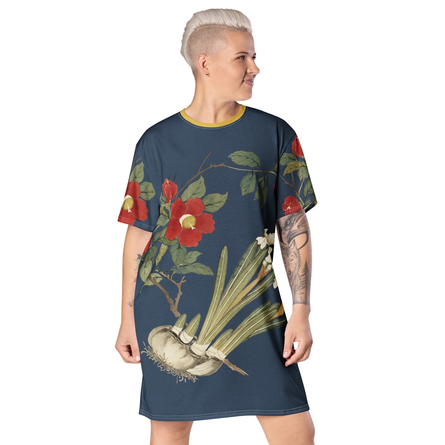 The Spirit of Flowers in Twelve Months|Narcissus and Camelia in Bloom|T-shirt dress|Dark blue