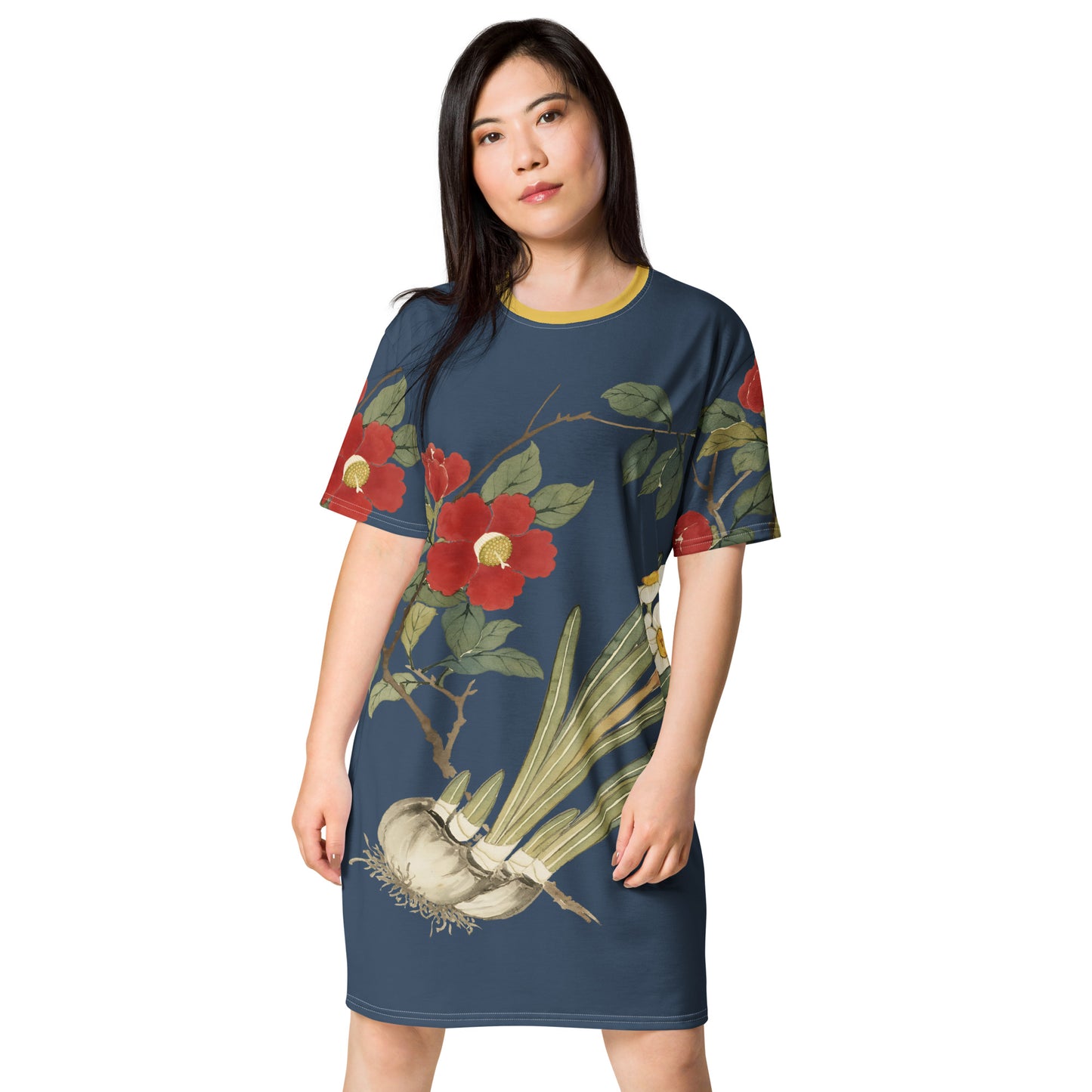 The Spirit of Flowers in Twelve Months|Narcissus and Camelia in Bloom|T-shirt dress|Dark blue