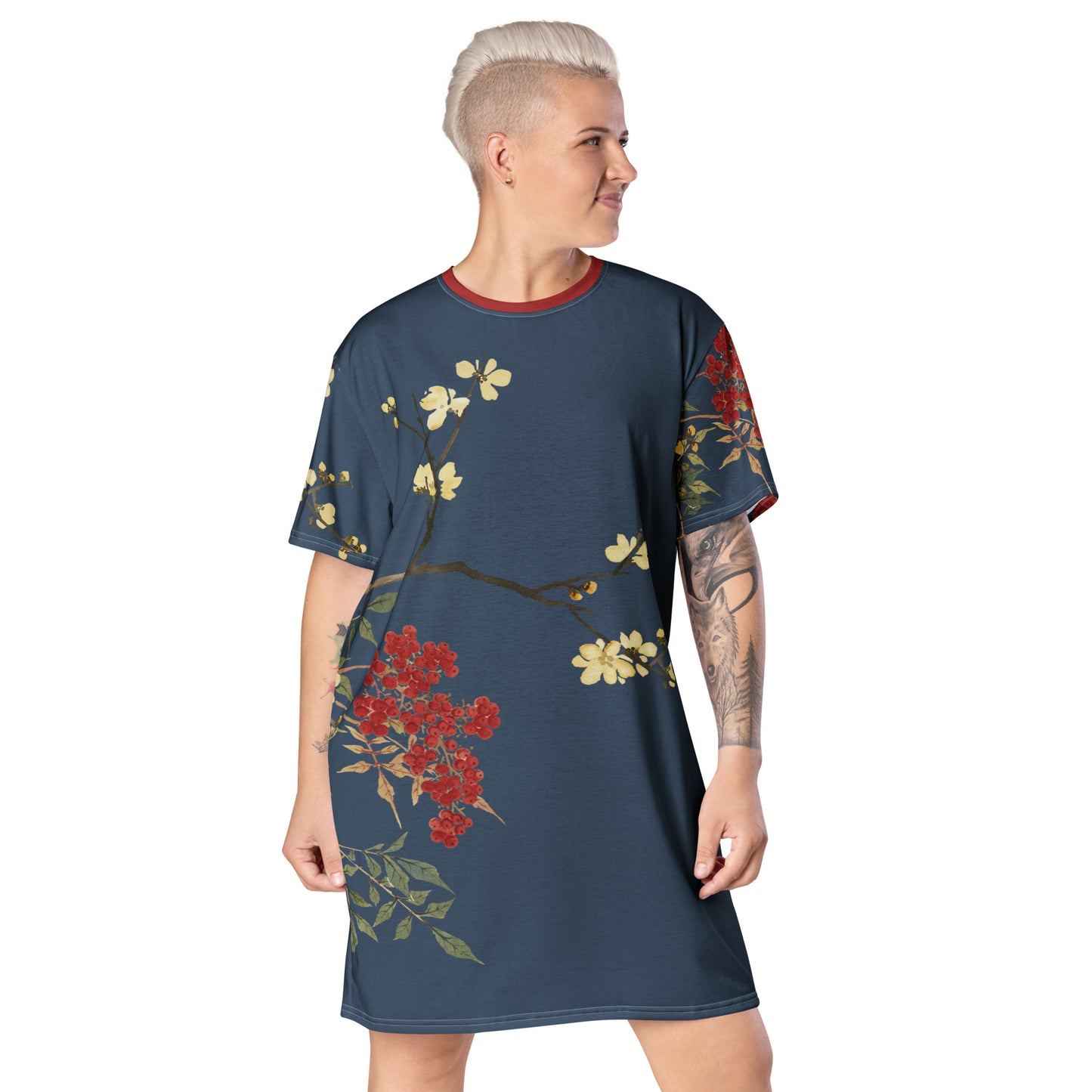The Spirit of Flowers in Twelve Months|Blooming Wintersweet and Heavenly Bamboo|T-shirt dress|Dark blue