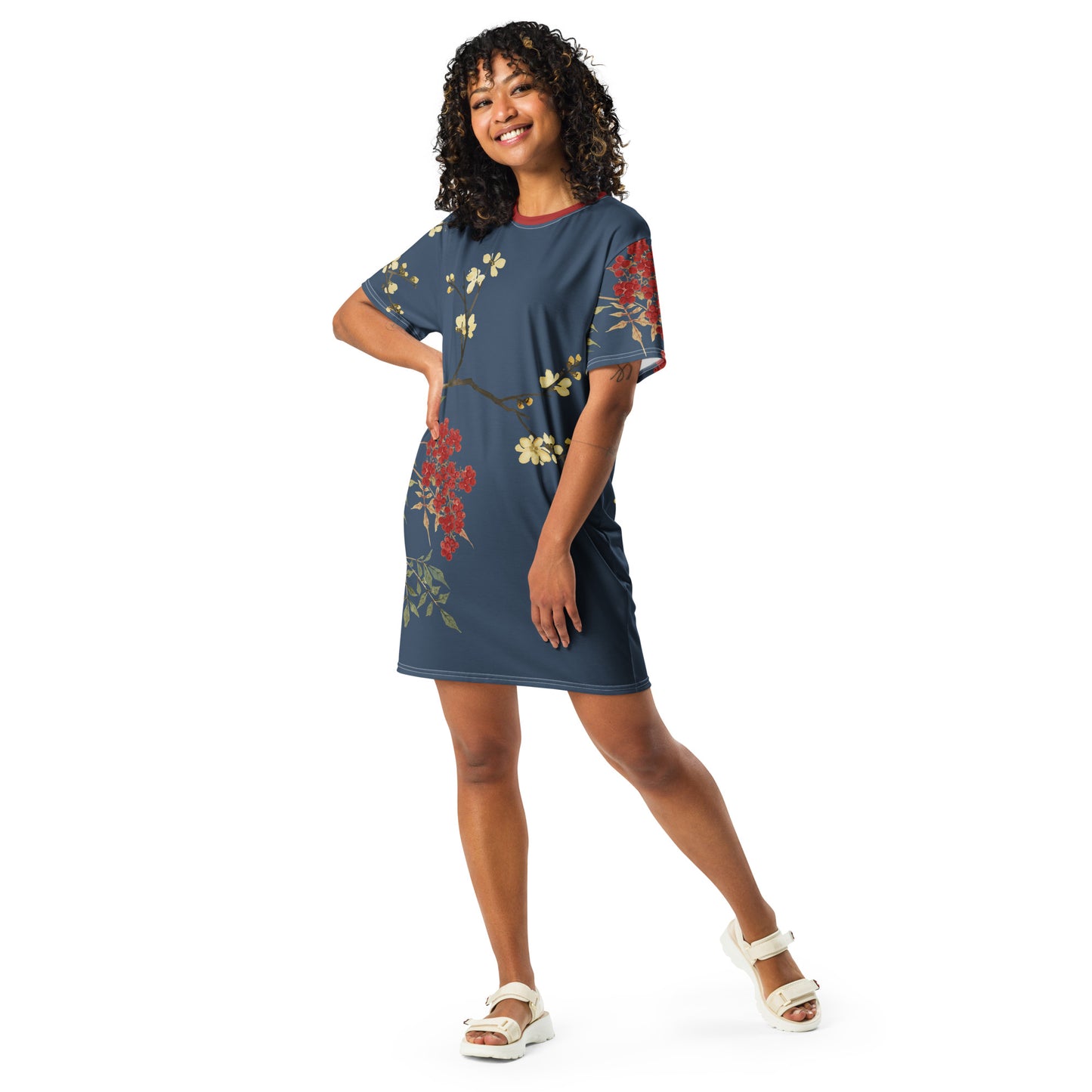 The Spirit of Flowers in Twelve Months|Blooming Wintersweet and Heavenly Bamboo|T-shirt dress|Dark blue