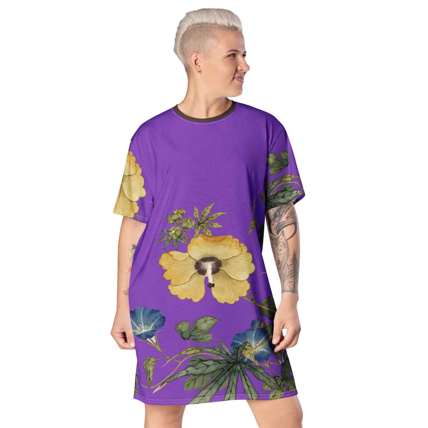 The Spirit of Flowers in Twelve Months|Okra and White-edged Morning Glory in Bloom|T-shirt dress|Purple