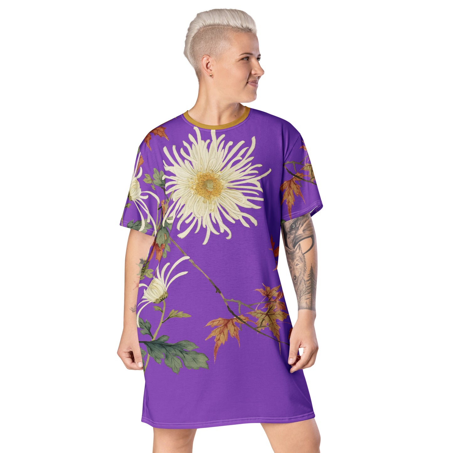 The Spirit of Flowers in Twelve Months|Blooming Chrysanthemum and Maple Leaves|T-shirt dress|Purple