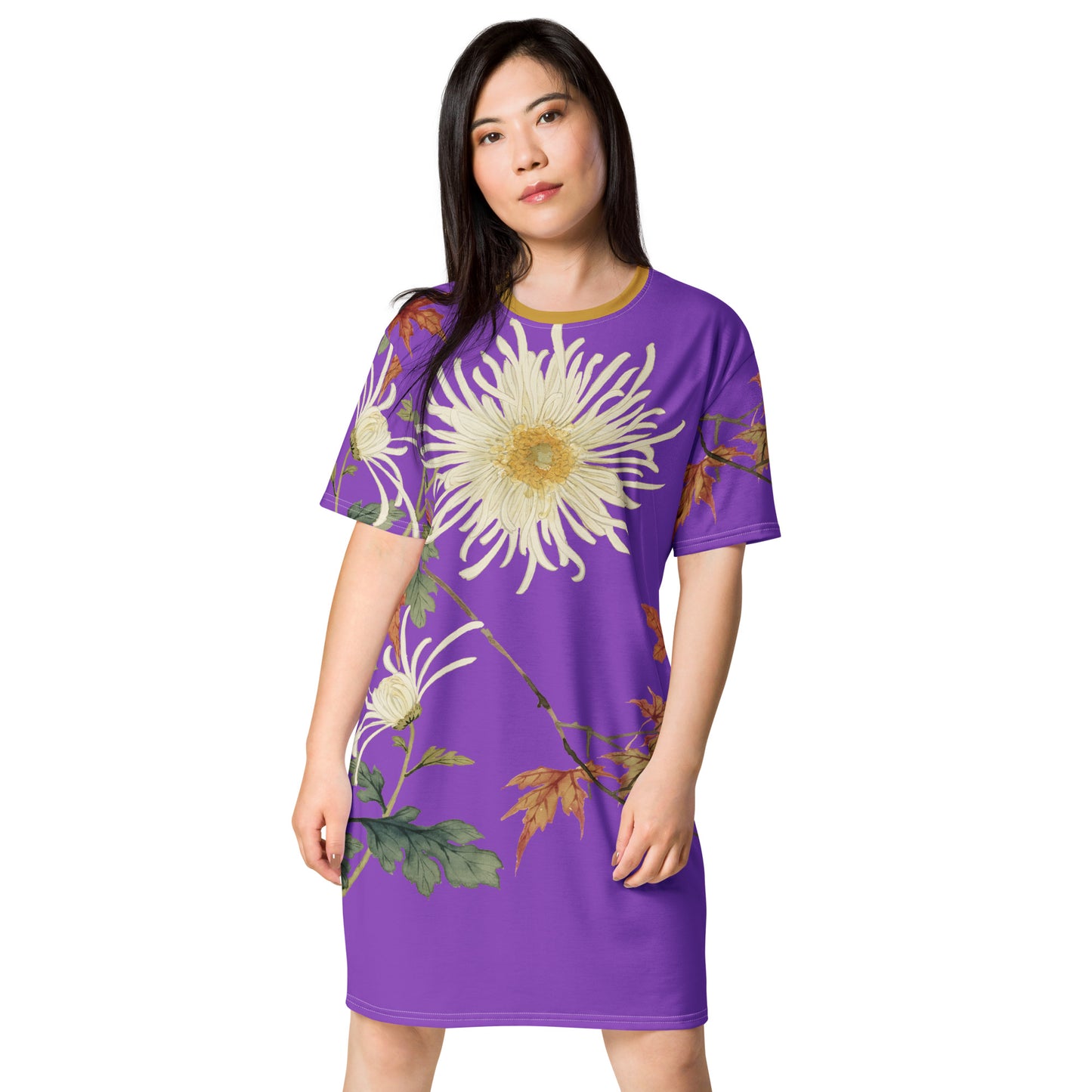 The Spirit of Flowers in Twelve Months|Blooming Chrysanthemum and Maple Leaves|T-shirt dress|Purple