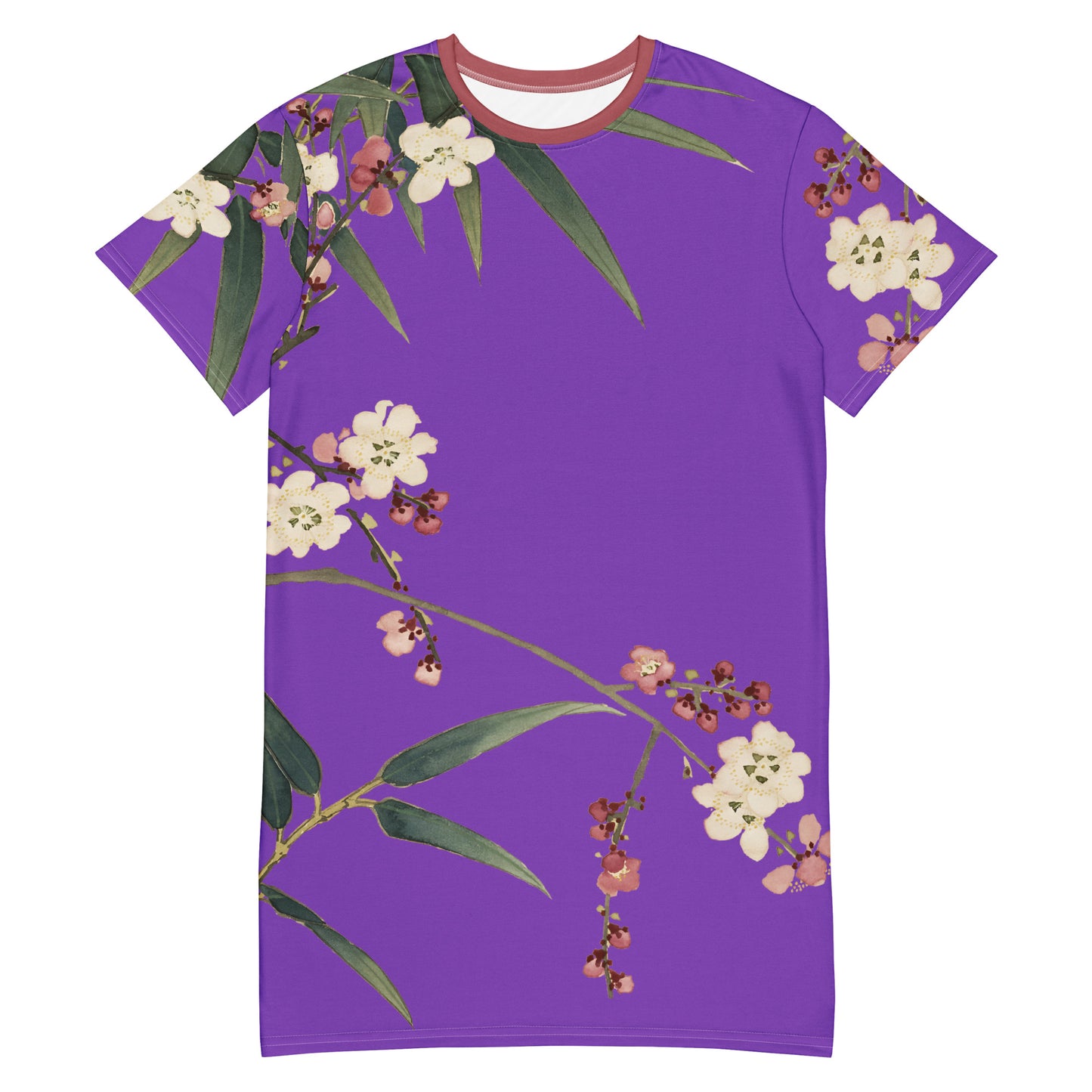 The Spirit of Flowers in Twelve Months|Crimson Plum Blossom and Lush Green Bamboo|T-shirt dress|Purple