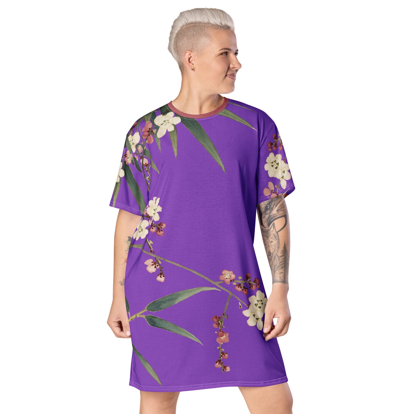 The Spirit of Flowers in Twelve Months|Crimson Plum Blossom and Lush Green Bamboo|T-shirt dress|Purple
