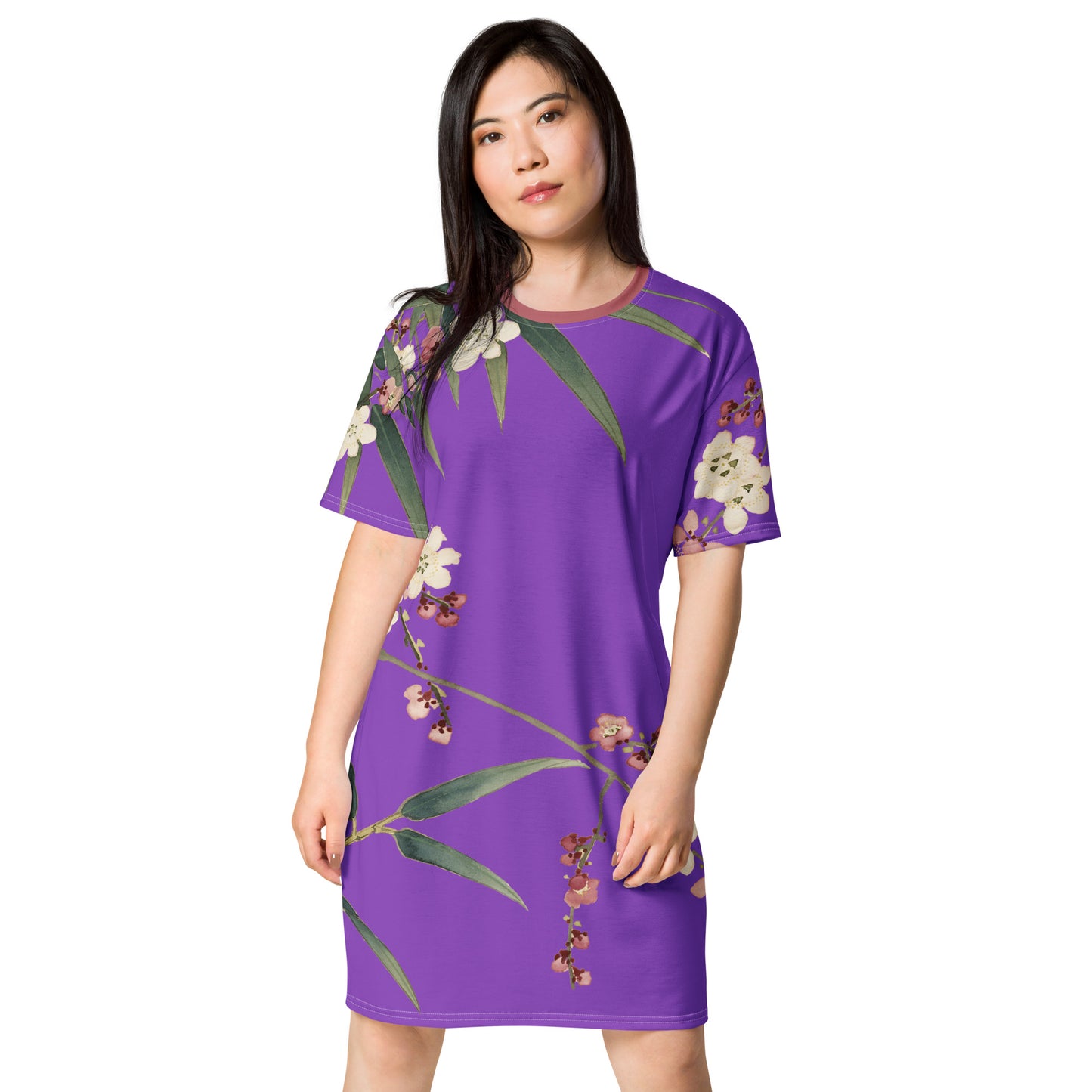 The Spirit of Flowers in Twelve Months|Crimson Plum Blossom and Lush Green Bamboo|T-shirt dress|Purple