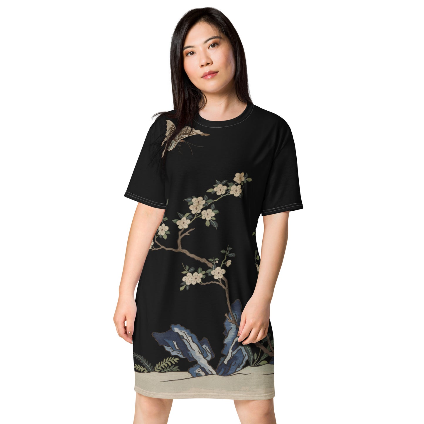 Kesi Flower Album|White Plum Blossoms and Butterfly|T-shirt dress|Black