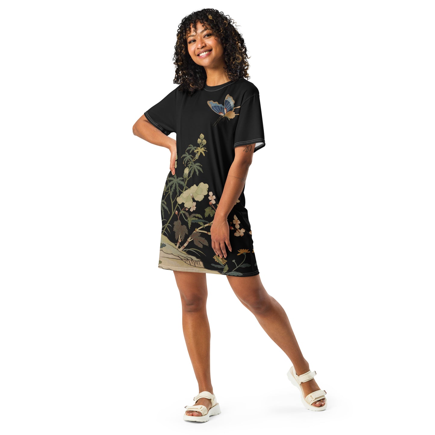 Kesi Flower Album|Hibiscus and Begonia Blossoms|T-shirt dress|Black