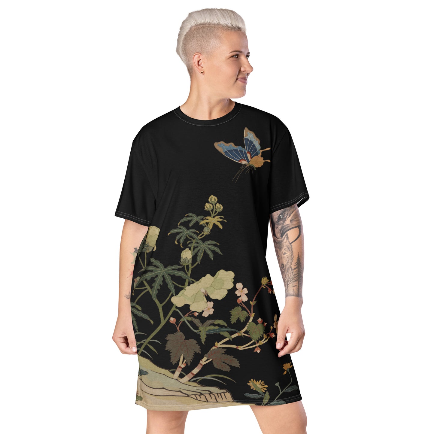 Kesi Flower Album|Hibiscus and Begonia Blossoms|T-shirt dress|Black