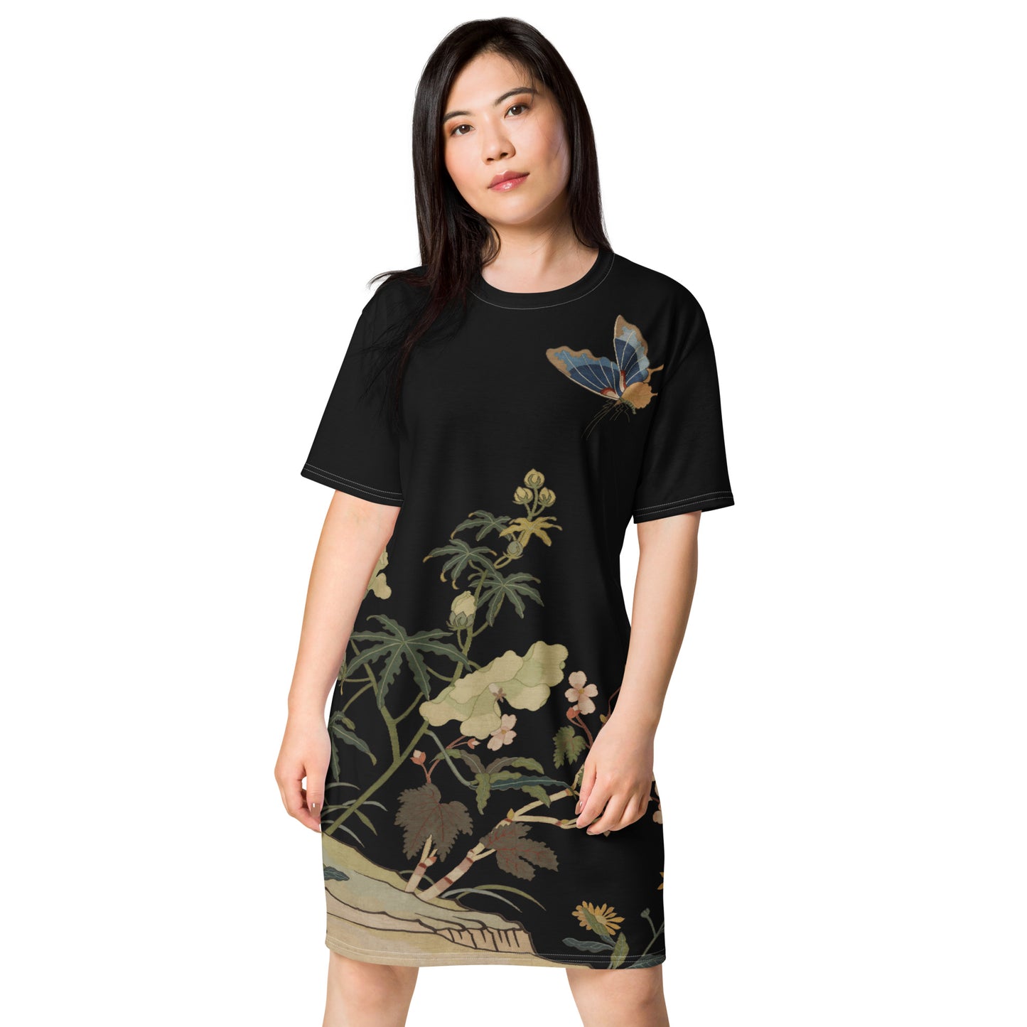 Kesi Flower Album|Hibiscus and Begonia Blossoms|T-shirt dress|Black