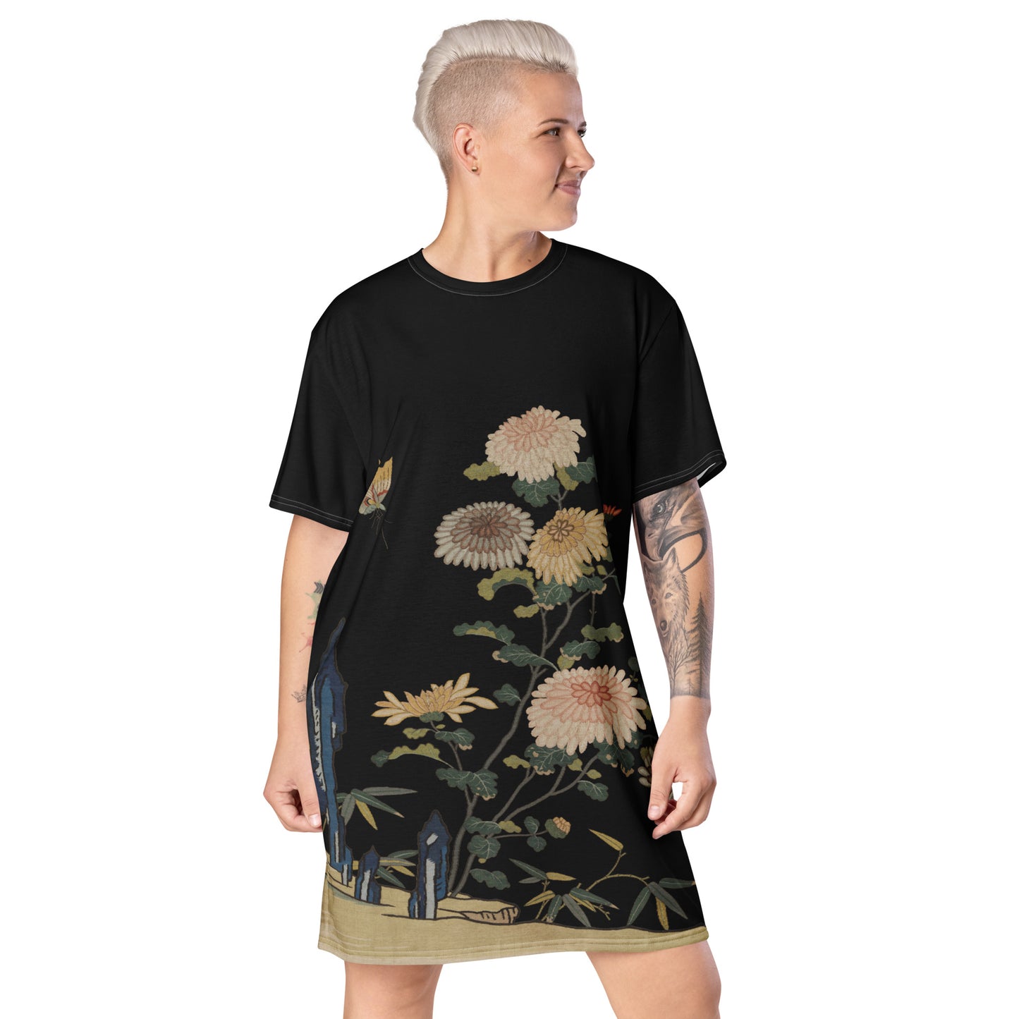 Kesi Flower Album|Chrysanthemums and Butterflies|T-shirt dress|Black