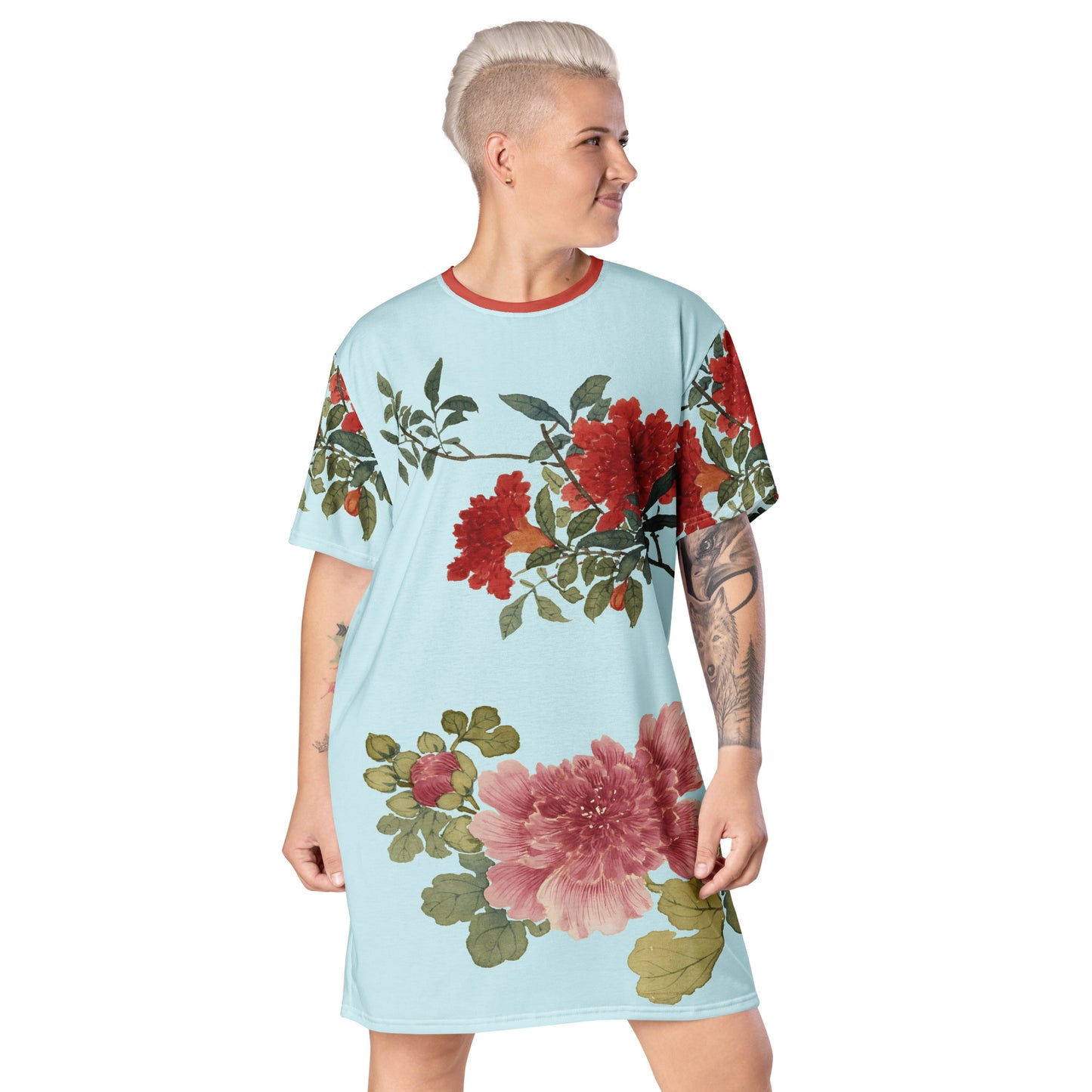 The Spirit of Flowers in Twelve Months|Hollyhock and Pomegranate in Bloom|T-shirt dress|Aqua blue