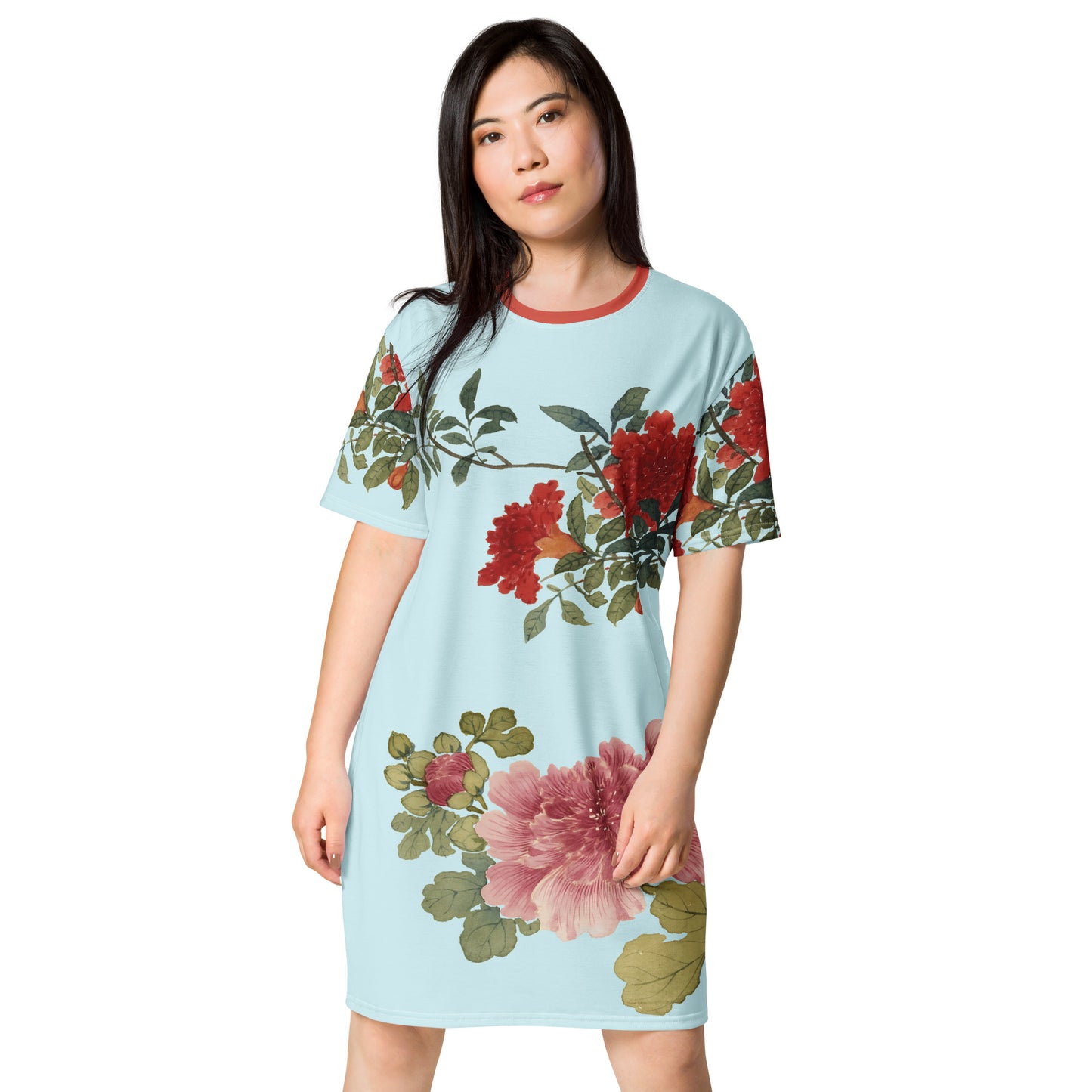 The Spirit of Flowers in Twelve Months|Hollyhock and Pomegranate in Bloom|T-shirt dress|Aqua blue