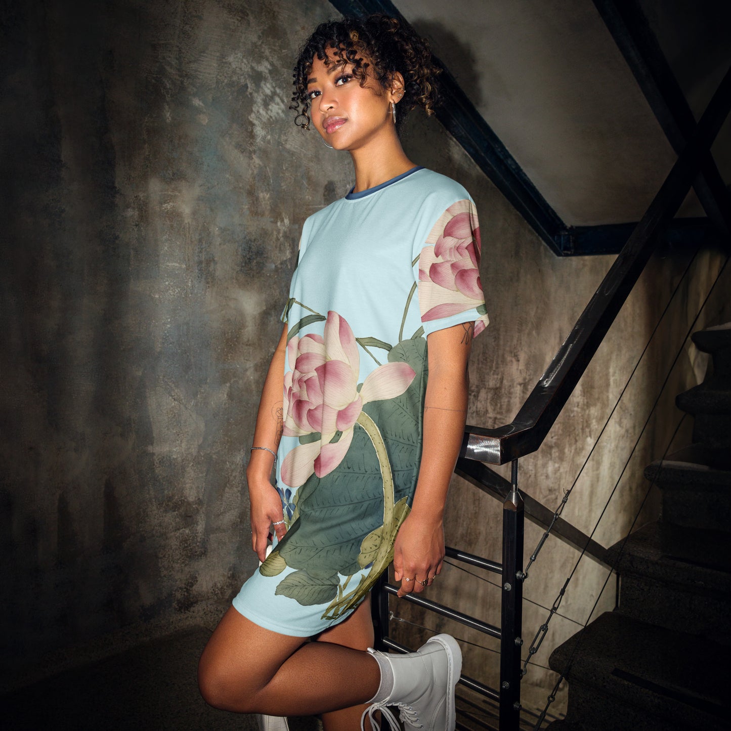 The Spirit of Flowers in Twelve Months|Lotus in Bloom|T-shirt dress|Aqua blue