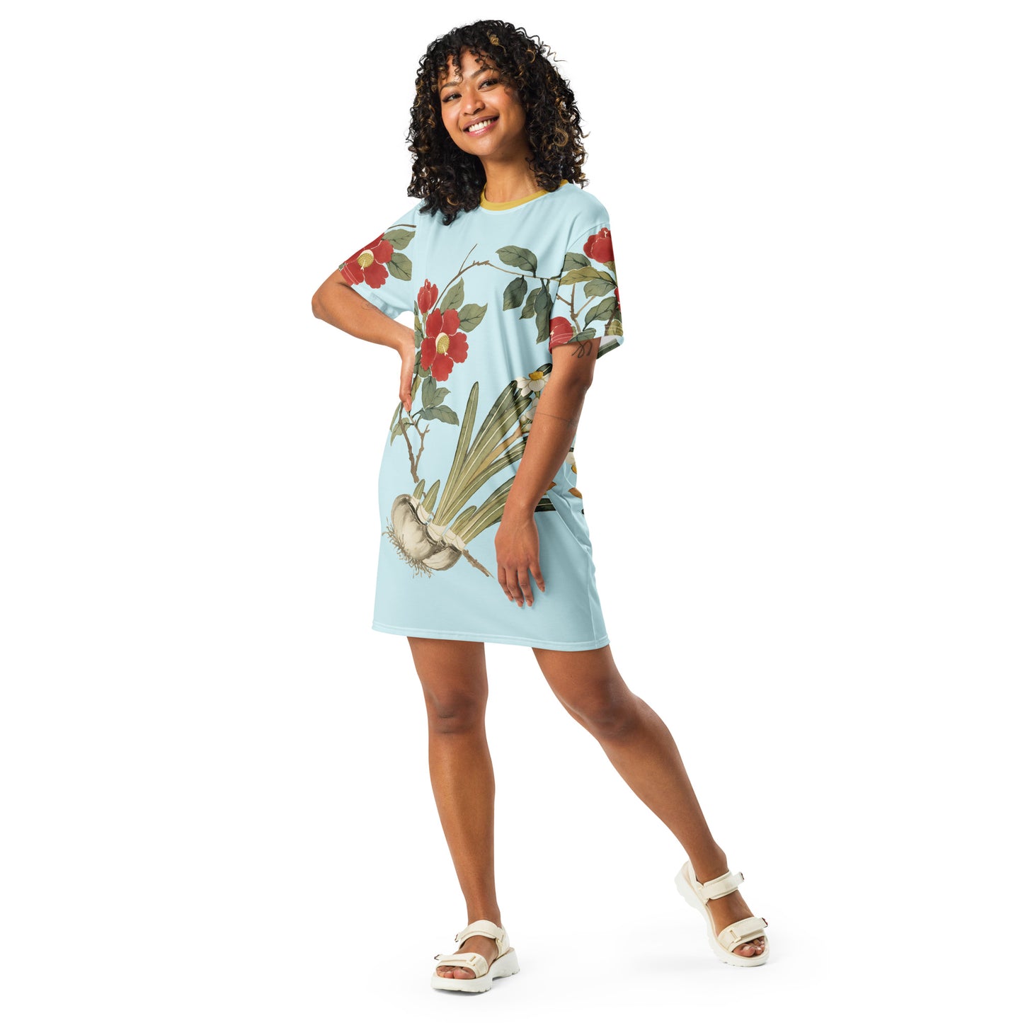 The Spirit of Flowers in Twelve Months|Narcissus and Camelia in Bloom|T-shirt dress|Aqua blue