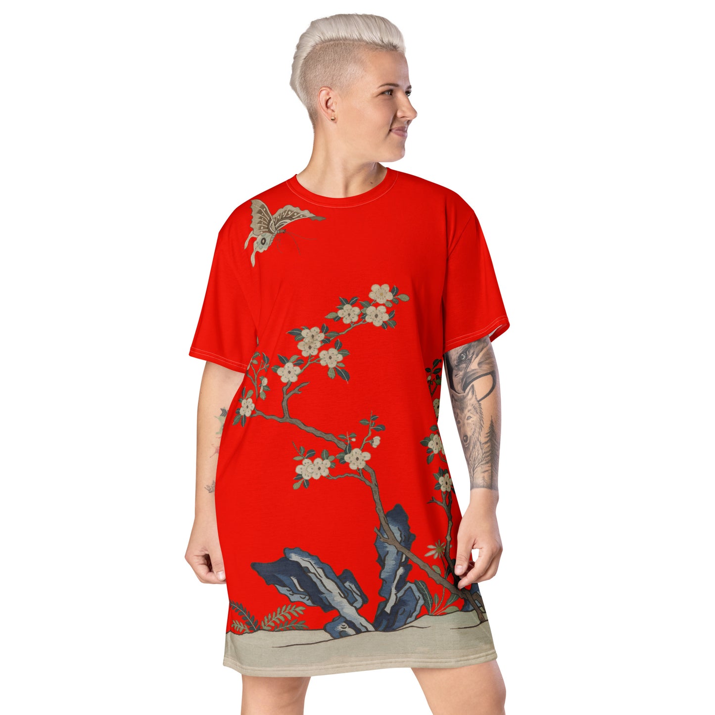 タペストリーの花|白梅と蝶|Tシャツドレス|Garnet red