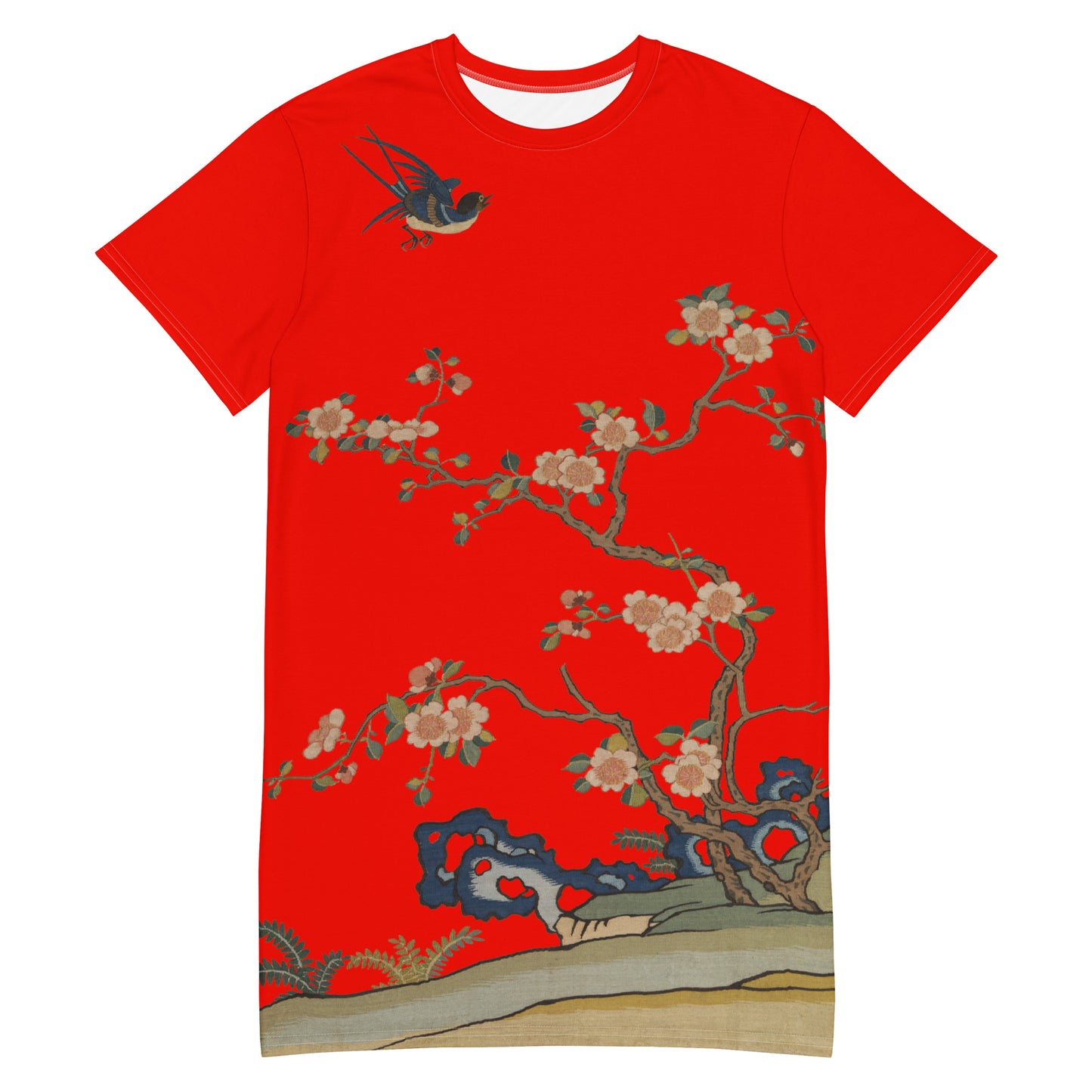 タペストリーの花|飛行中のツバメ、春の前触れ|Tシャツドレス|Garnet red