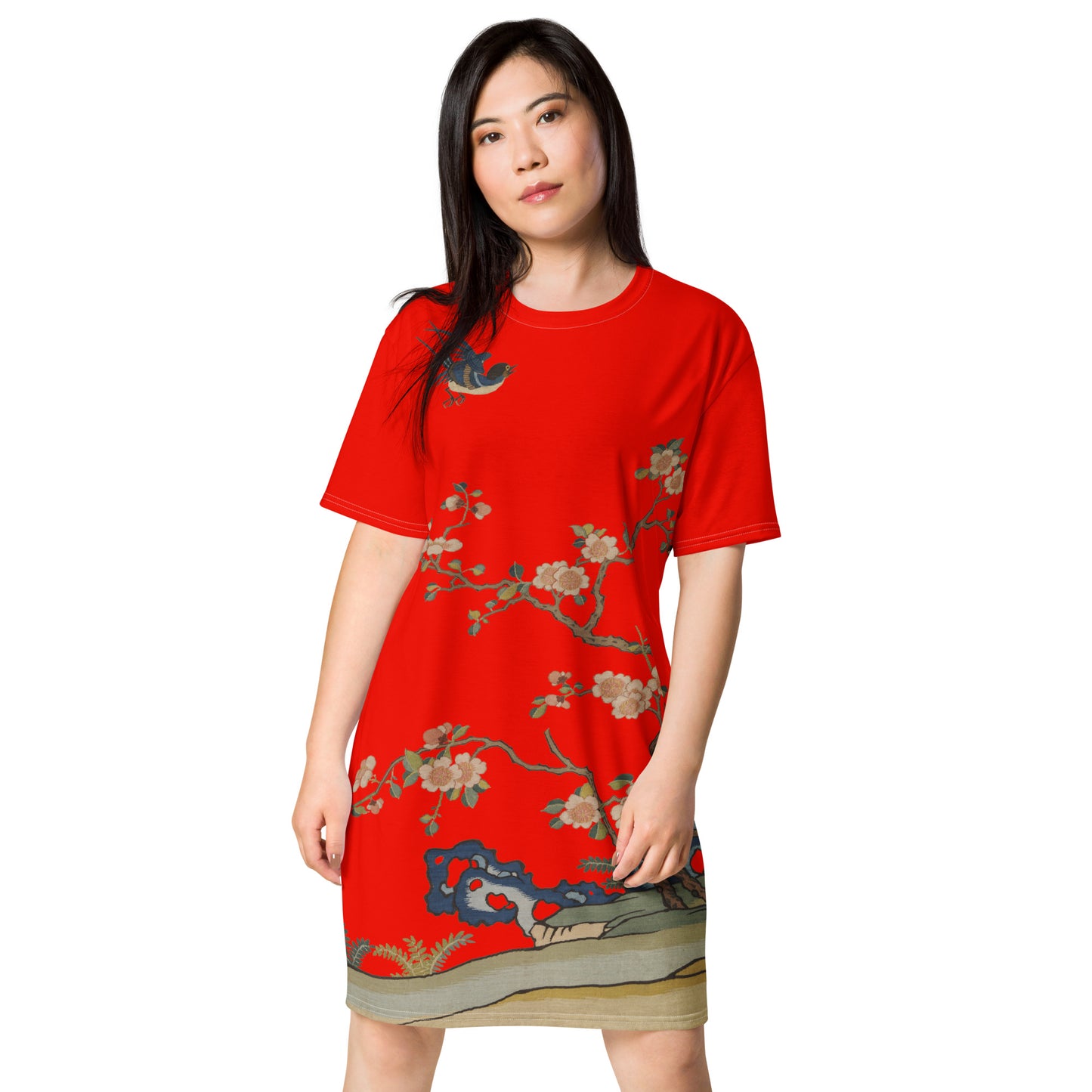 タペストリーの花|飛行中のツバメ、春の前触れ|Tシャツドレス|Garnet red